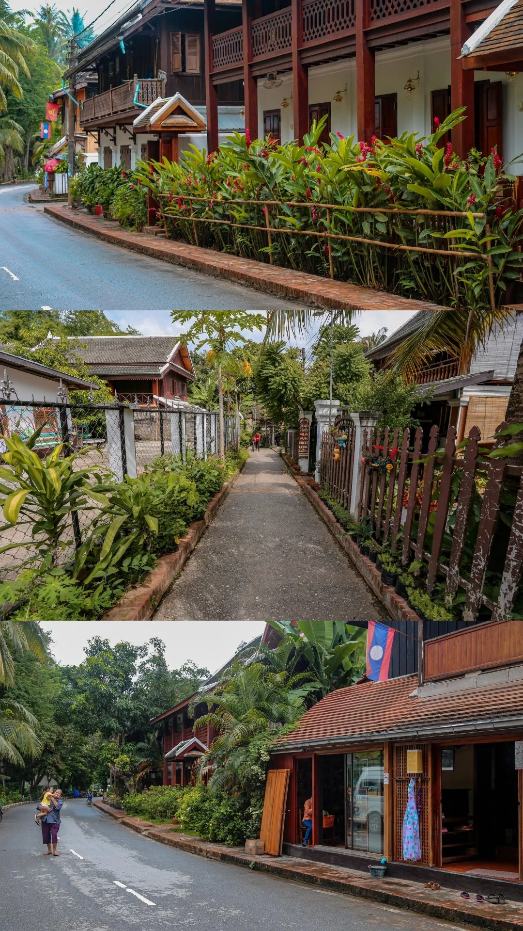 A street view with traditional houses, lush green plants, and a woman carrying a child on her back in a tropical setting, with a Laos flag hanging from one of the buildings.