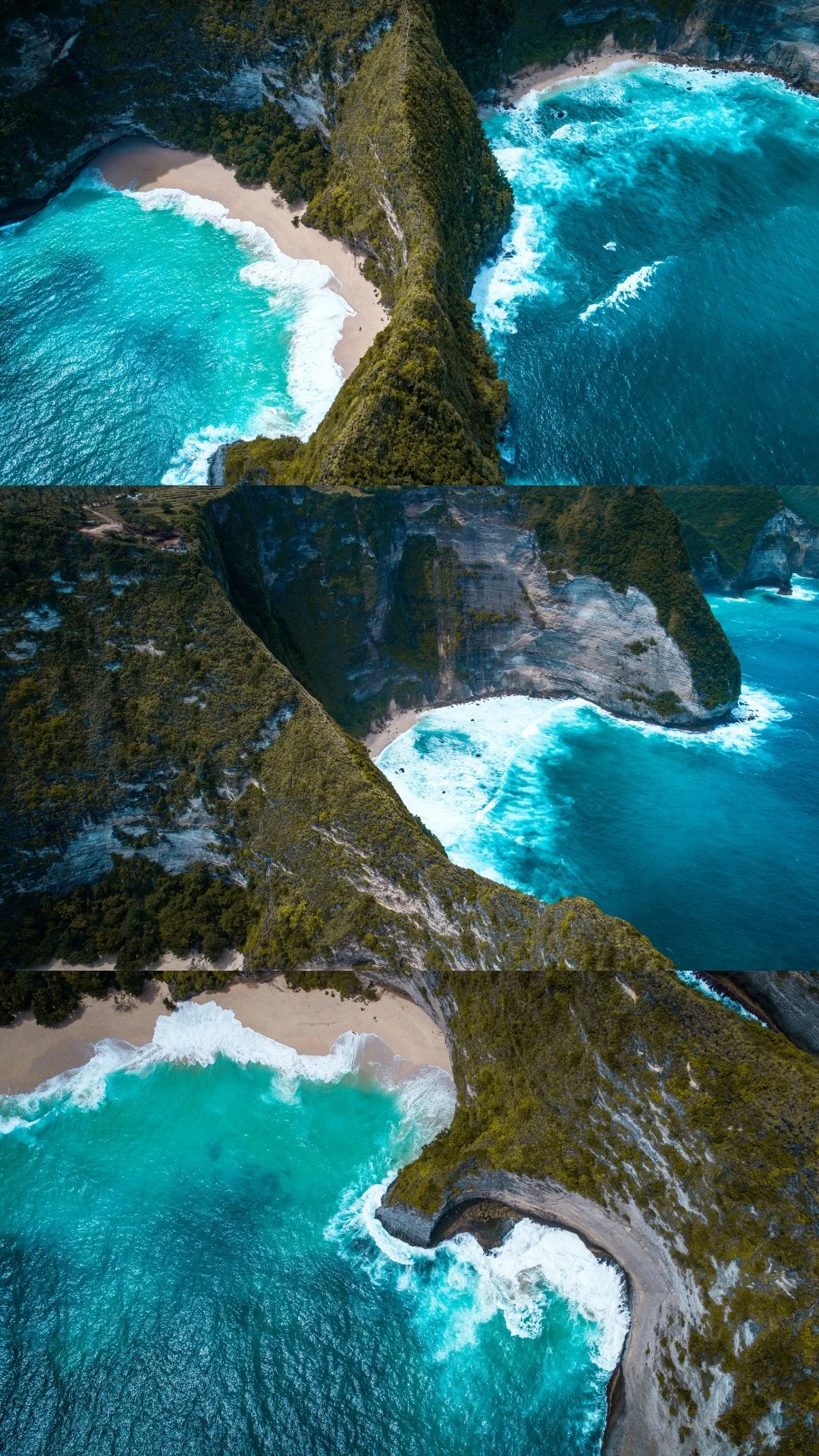 Aerial view of Kelingking Beach on Nusa Penida island featuring turquoise waters, sandy beach, and steep cliffs covered in lush greenery.