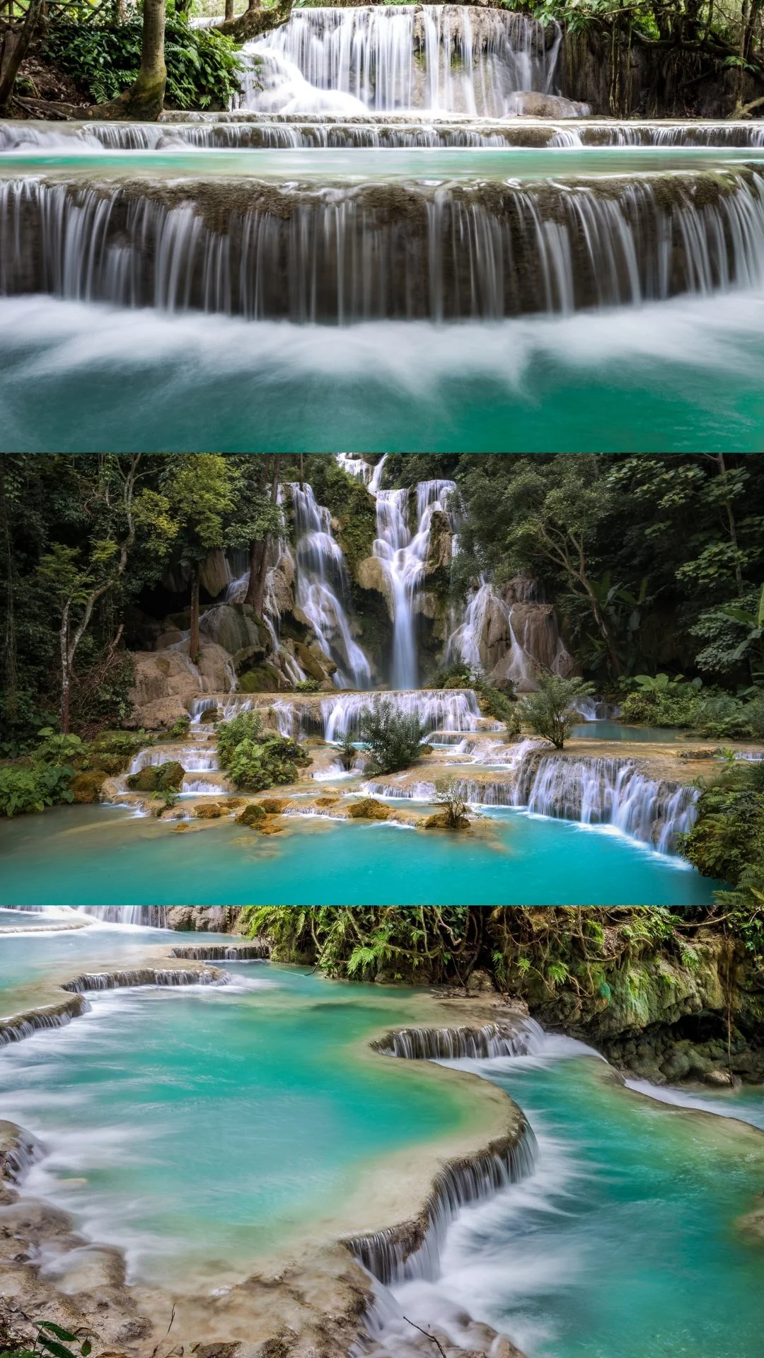 Three-tiered waterfalls cascading over rocks and lush greenery in a tropical forest setting.