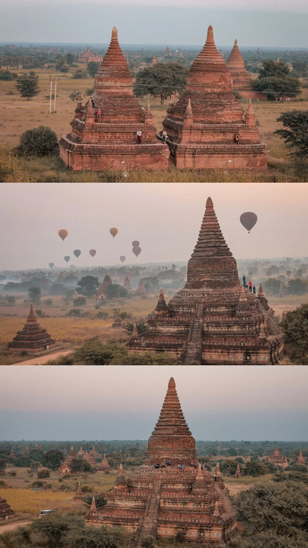 A series of photos showcasing ancient red brick temples and pagodas in a vast landscape of fields and trees, with hot air balloons in the sky during sunrise or sunset.