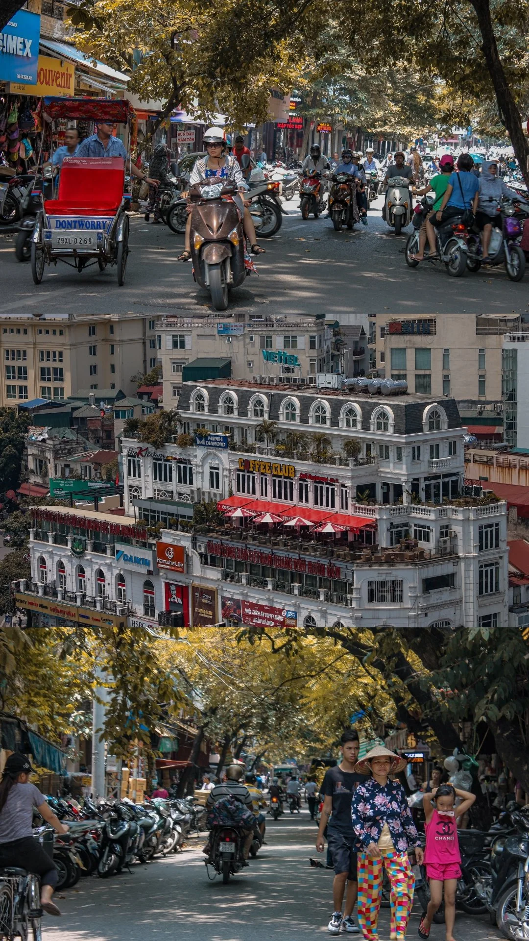 Scenes of busy city streets with motorcycles, scooters, pedestrians, and buildings, including a large multi-story building with commercial signs and outdoor terraces.