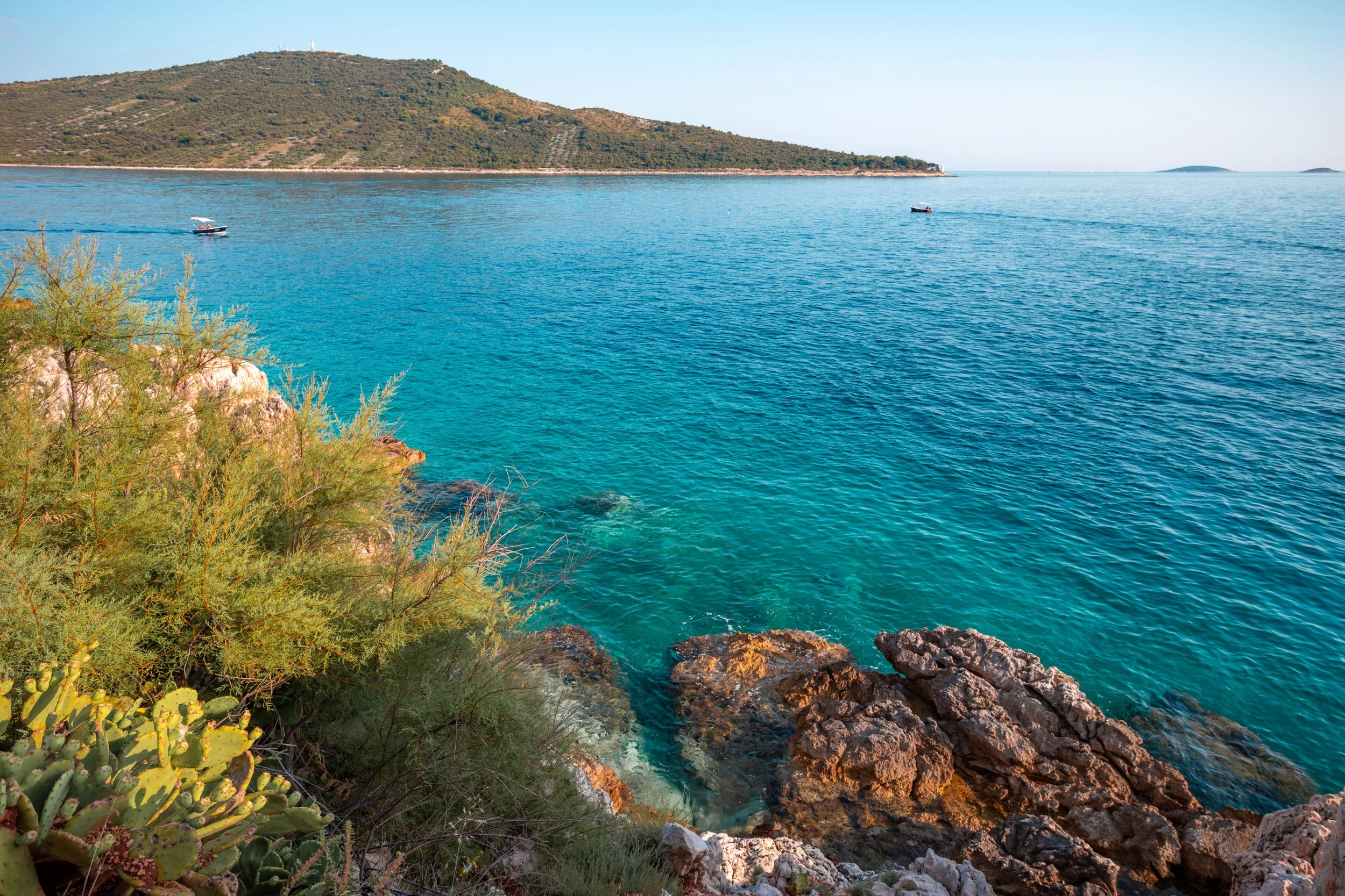 Coastal landscape with clear turquoise water, rocky shoreline, green shrubs, and a distant hill with sparse vegetation.