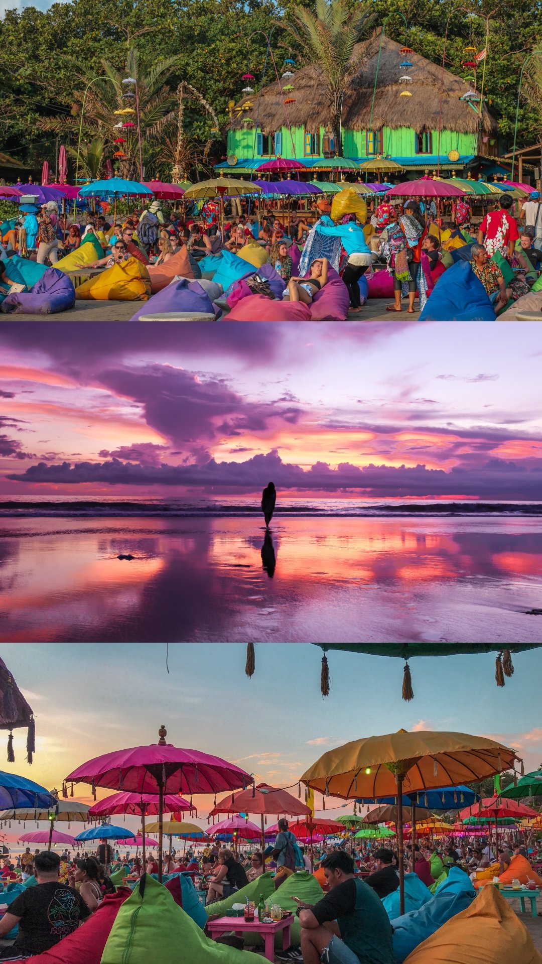 Three beach scenes: the first with a crowd at a colorful beach bar with umbrellas and bean bags, the second with a solitary person standing in the shallow ocean water during sunset, and the third with many people relaxing under multicolored umbrellas at a lively beach gathering.