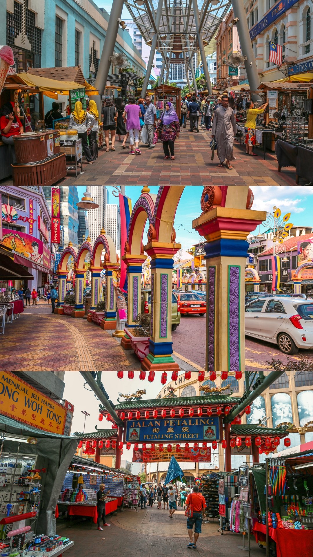 Three photos of street markets with colorful stalls, archways, and signage, likely in a multicultural city with Asian influences.