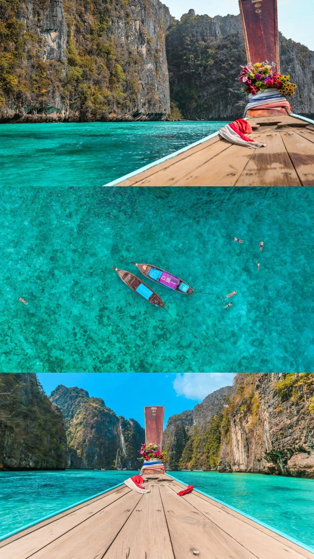 A view from a boat on turquoise waters, headed toward limestone cliffs with lush vegetation, with a second perspective of the boat's bow, decorated with flowers and fabric, floating in the water.