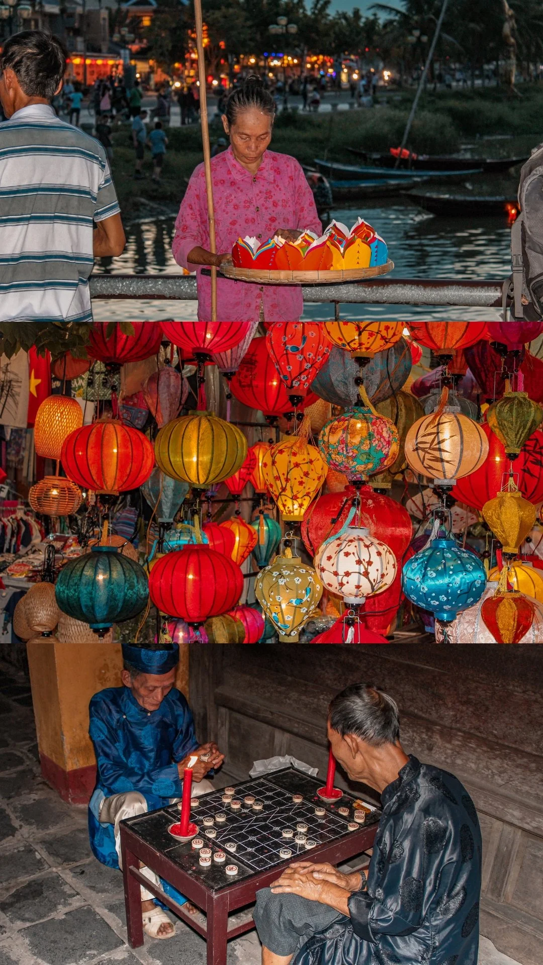 A collage of three scenes depicting different Asian street activities: a woman selling colorful paper lotus flowers near a waterway at dusk; a display of vibrant Chinese lanterns illuminated during a festival; two elderly men playing a traditional board game at night indoors.