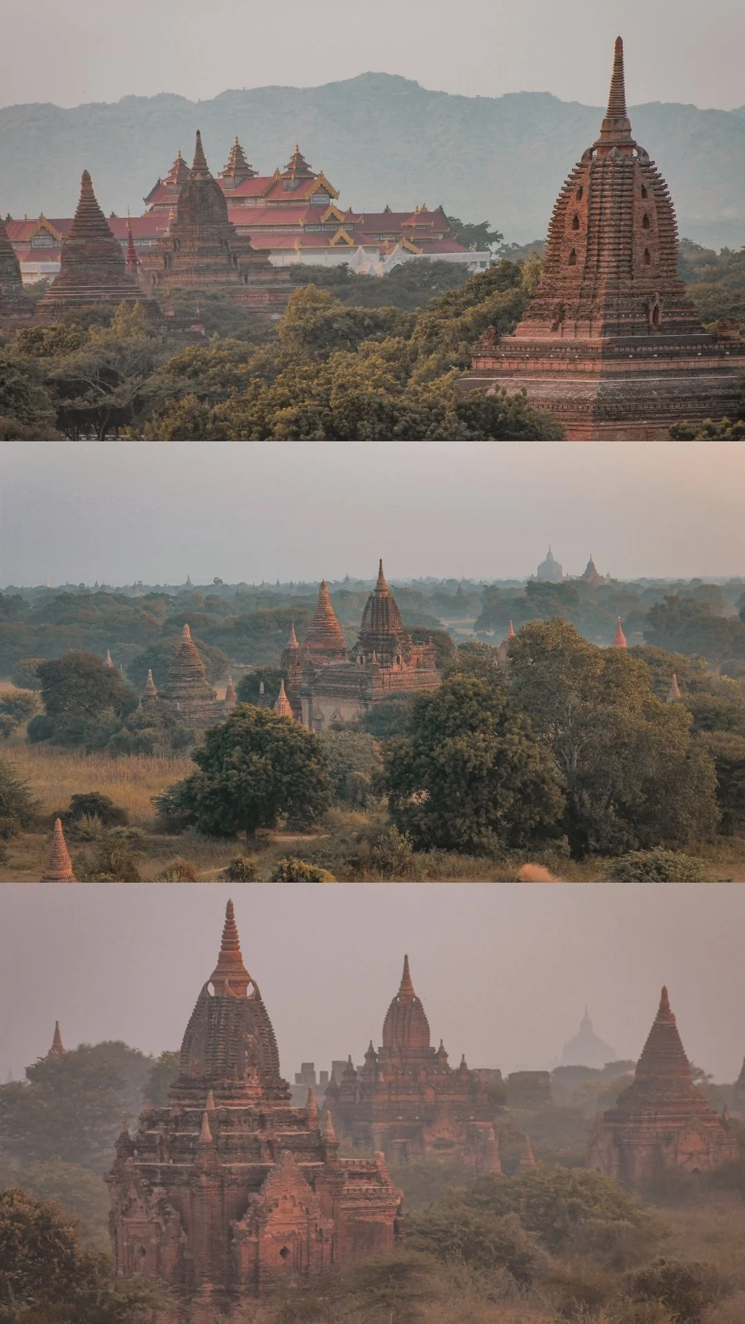 A triptych of ancient temples in a lush, foggy landscape, with layers of trees and mountains in the background.