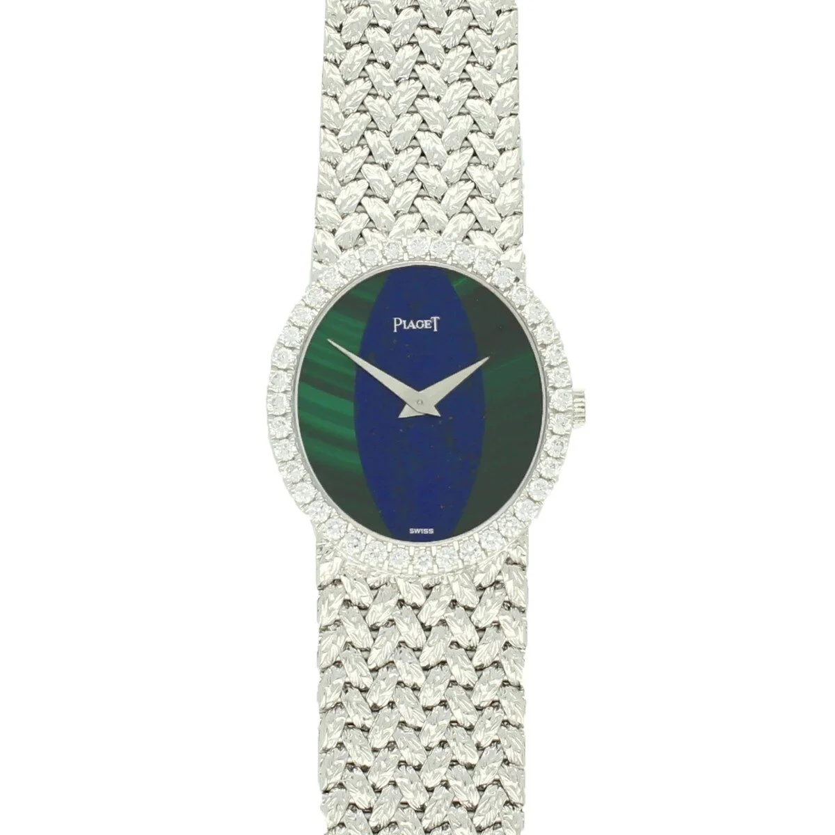 18ct White Gold and Diamond Set Bracelet Watch with Lapis and Malachite Dial by Piaget c. 1970