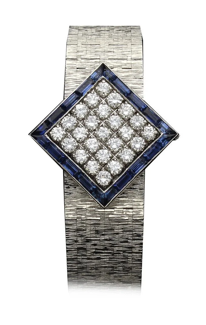 18ct White Gold Hidden Dial Bracelet Watch with Diamond and Sapphire Set Dial Cover by Piaget c. 1970
