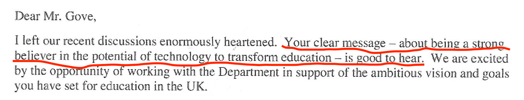 Letter from President of Microsoft International, Jean Philippe Courtois to Michael Gove, December 2010 (released under freedom of information law by the Department for Education).