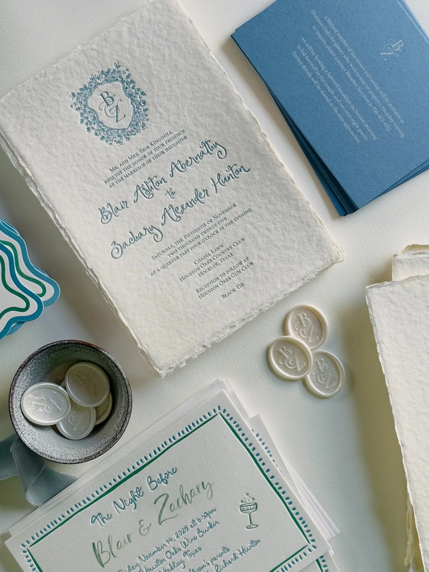 Assembly time for B+Z ✨ This custom stationery suite truly has it all &mdash; letterpressed invitations onto handmade papers, die-cut detail cards, personalised envelope liners with custom monogram, each one hand finished with elegant silk ribbon tie