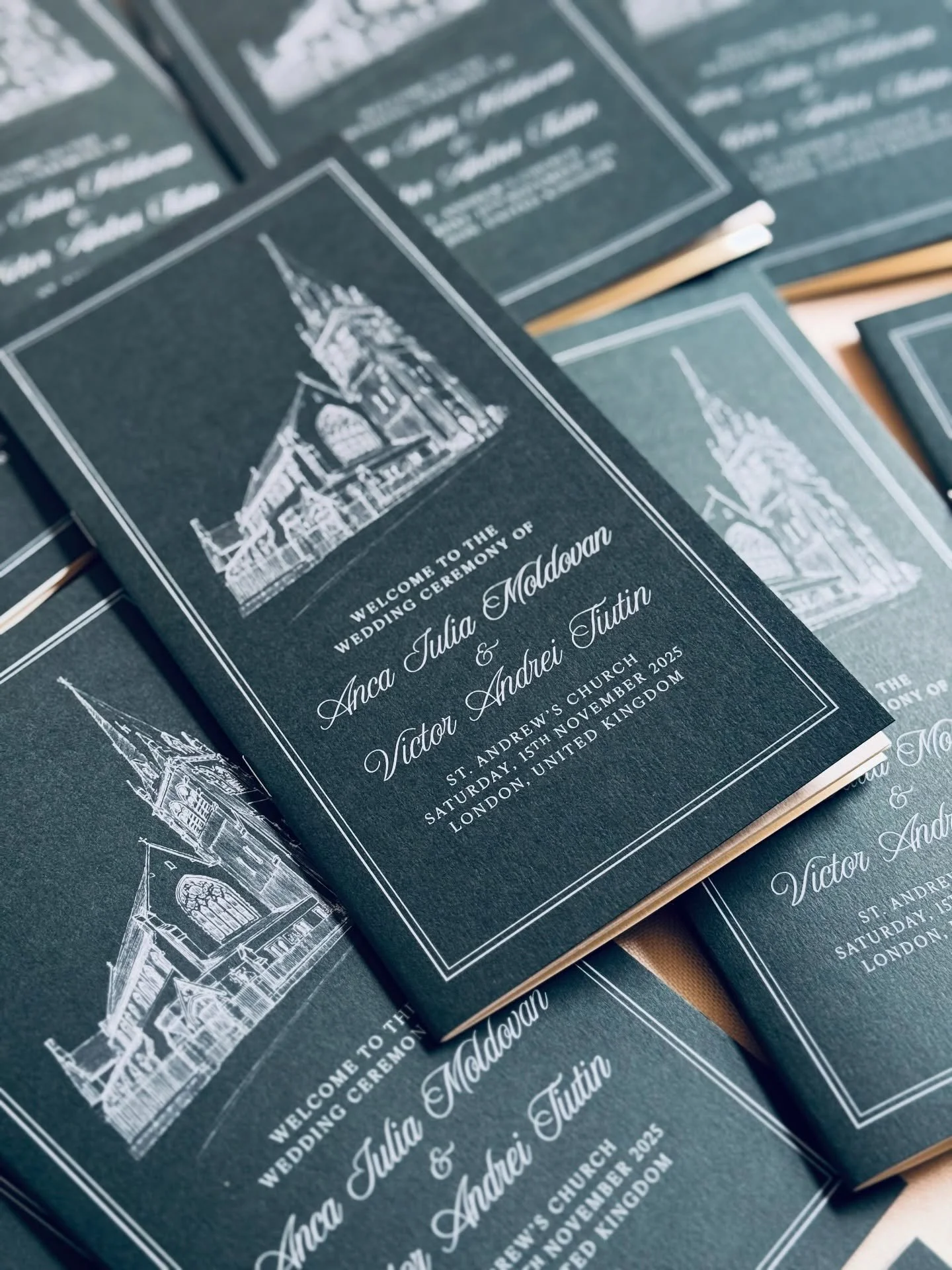 Rich racing green paired with crisp white ink for V&amp;A&rsquo;s autumnal Chelsea wedding. Their Order of Service was beautifully personalised with an initial monogram and custom church illustration. The celebration continued with silver-ink calligr