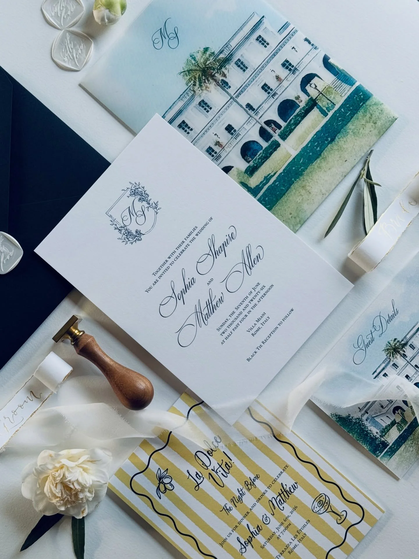 Where the sky meets Rome ✨ Our custom wedding stationery suite for S&amp;M&rsquo;s summer celebration at the iconic Villa Miani. This exclusive Rome wedding venue boasts sweeping city views, elegant Italian gardens and timeless neoclassical architect