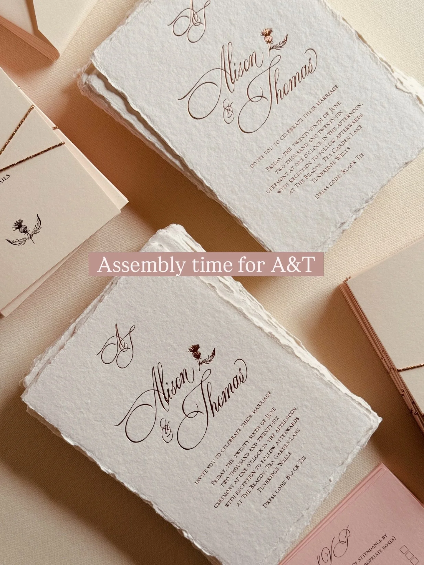 Assembly time for A&amp;T ✨
Layering handmade papers, rose gold foil and the finest details&mdash;each piece thoughtfully designed and hand-finished with delicate rose gold thread.

Finished with soft blush, guest-addressed envelopes, ready to set th