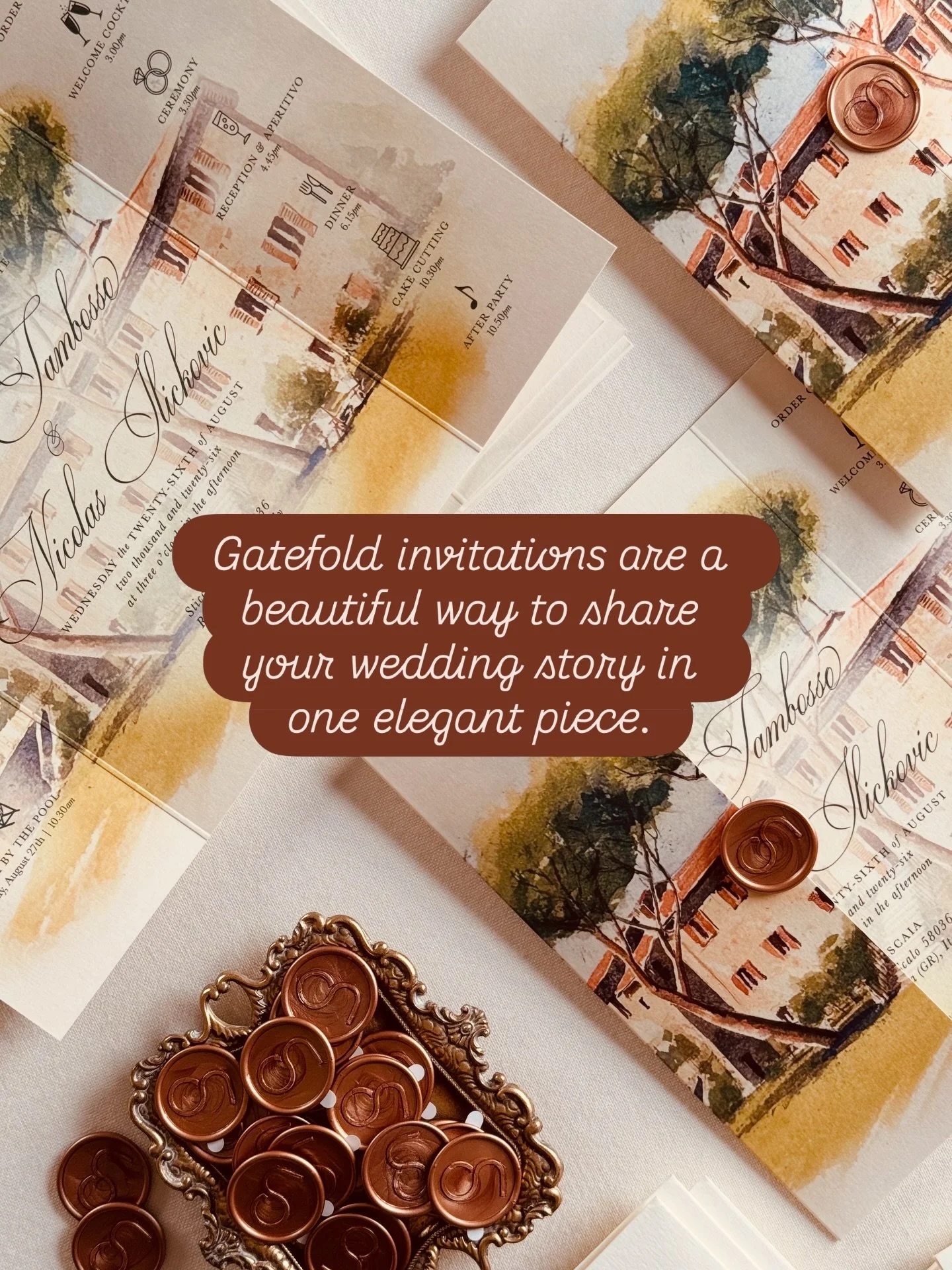 Gatefold invitations are a beautiful way to share your wedding story in one elegant piece.

They combine your invitation with all the finer details your guests need. From welcome events to after-party celebrations, everything is thoughtfully included