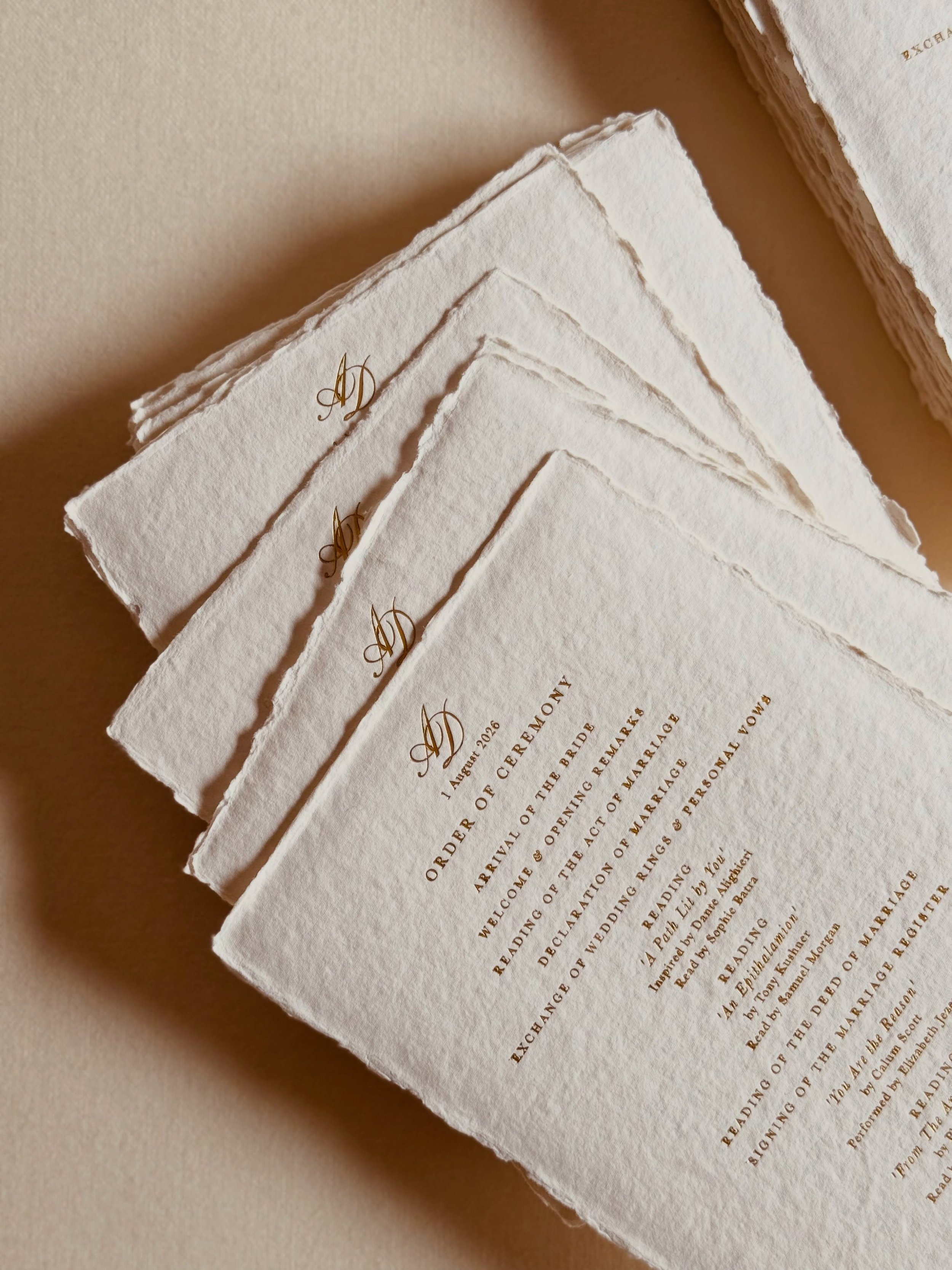 A moment for handmade papers&mdash;each one unique in their texture and shape, foil pressed in gold for D&amp;A&rsquo;s Umbrian celebration at the very beautiful Villa Valentini Bonaparte