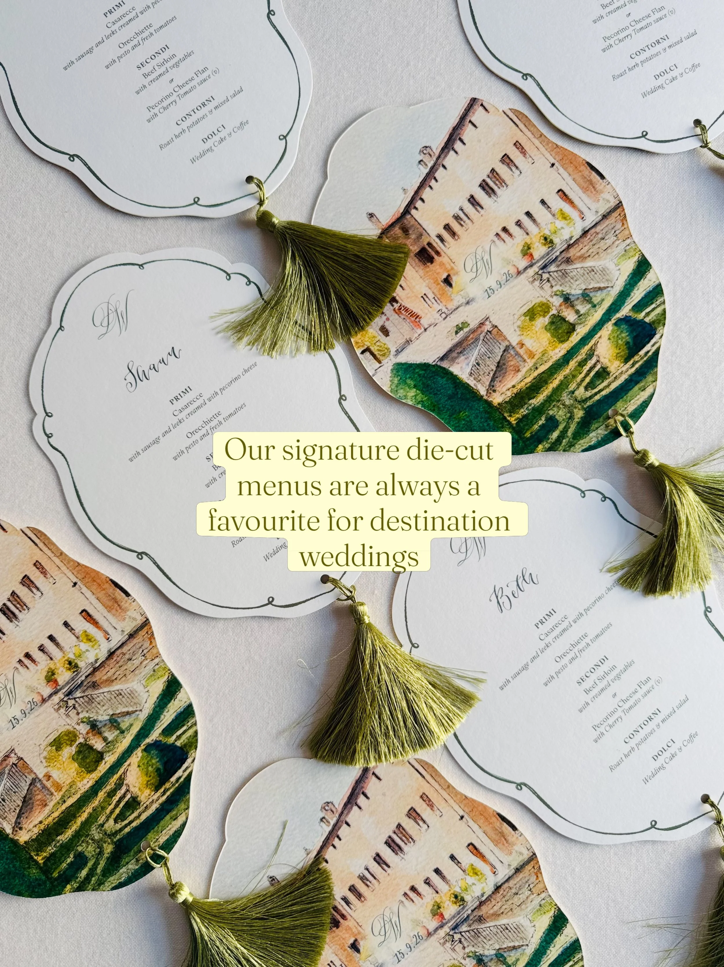 Our signature die-cut menus are always a favourite for destination weddings ✨

Paired with your choice of tassel colour, finished with a bespoke venue watercolour and hand calligraphed for each guest &mdash; every little detail is beautifully persona