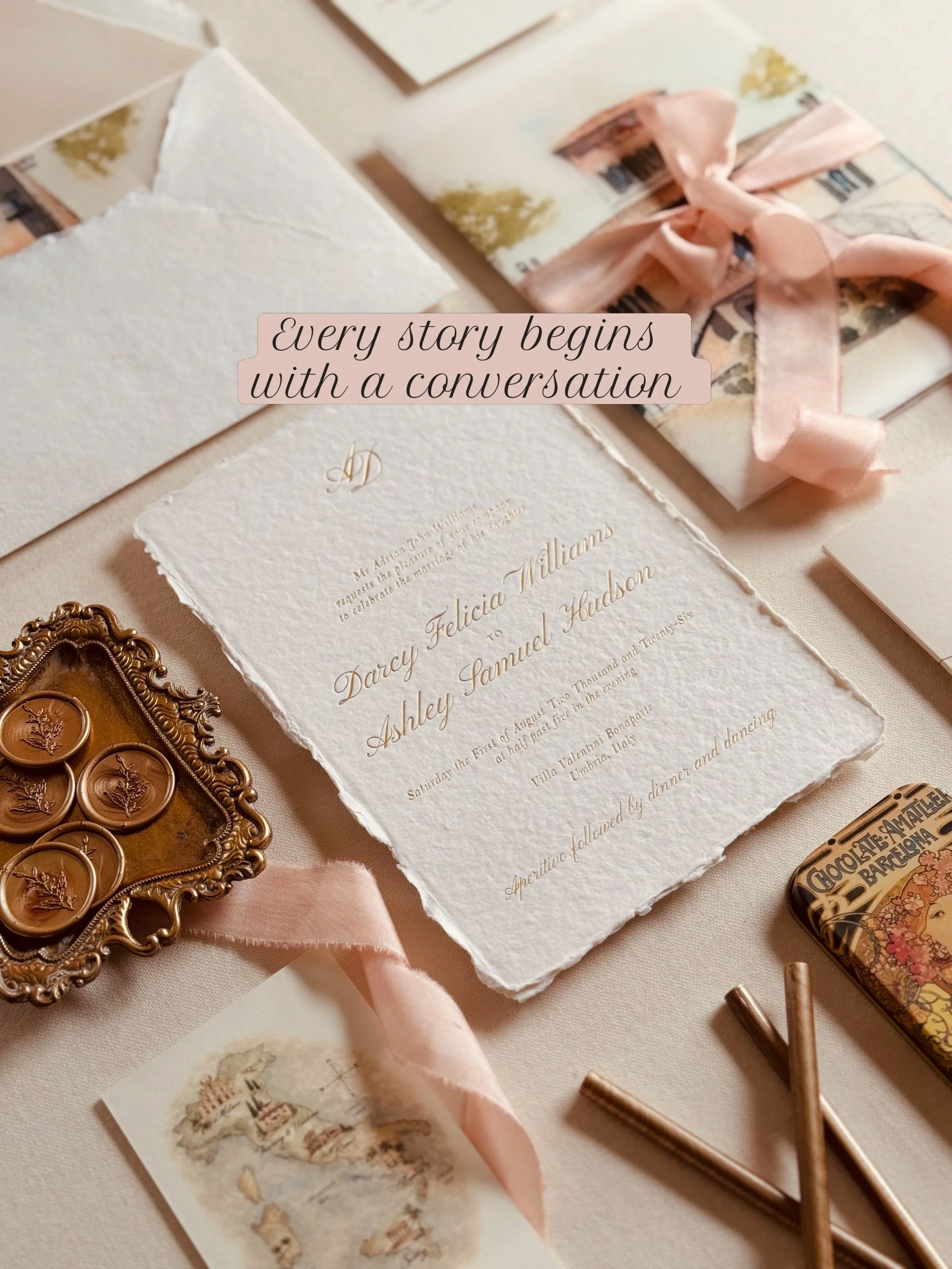 My process begins with getting to know you, your story and the vision you have for your wedding. From our first conversation, every detail is thoughtfully considered to create stationery that feels entirely personal to you.

Whether you&rsquo;re cele