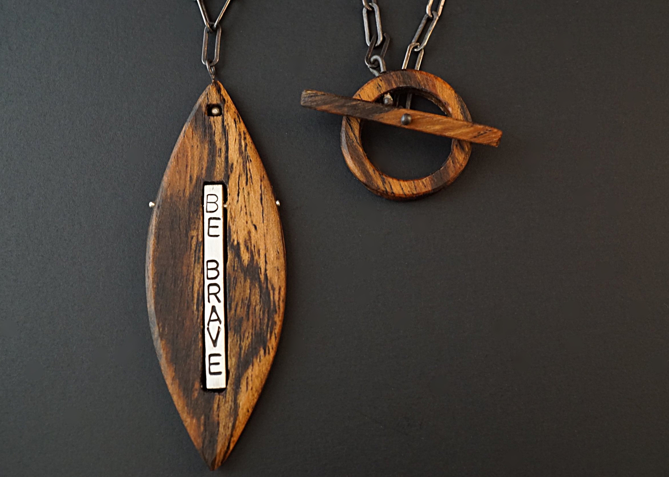 Bocote wood be brave and believe necklace