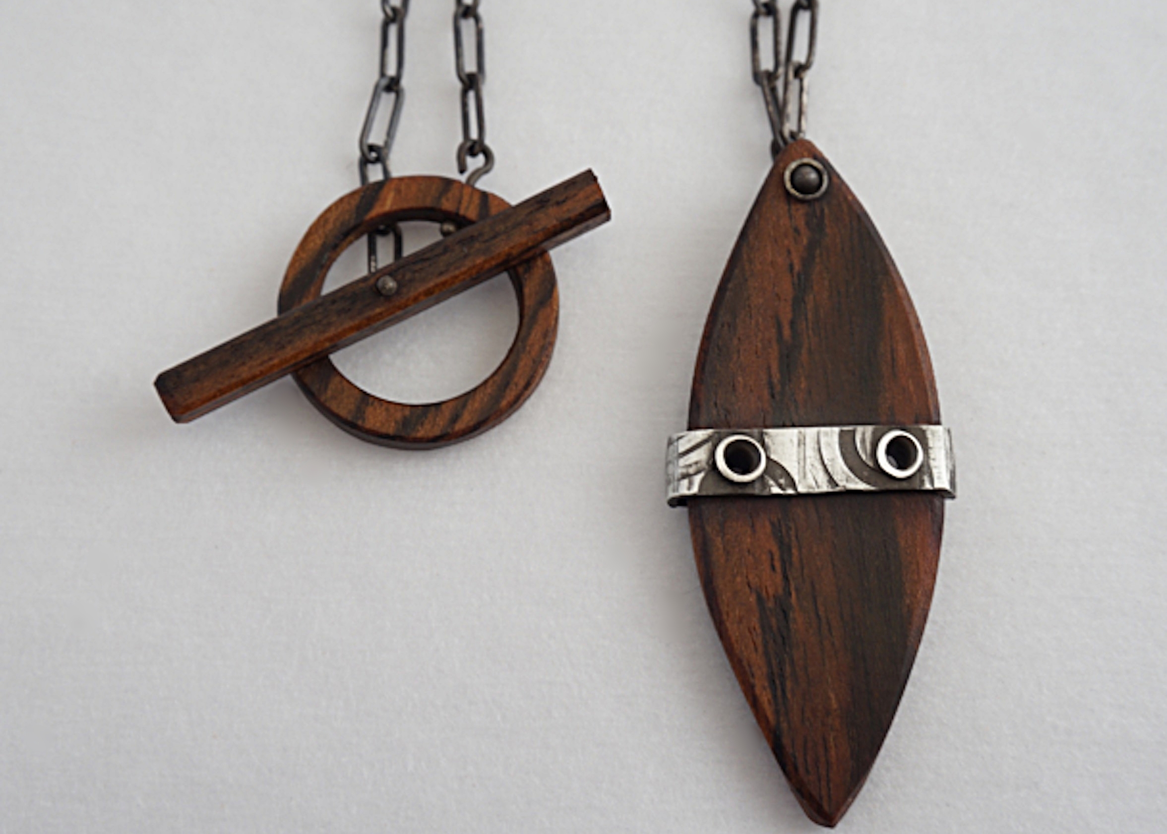 Bocote wood pendant with hand stamped sterling silver