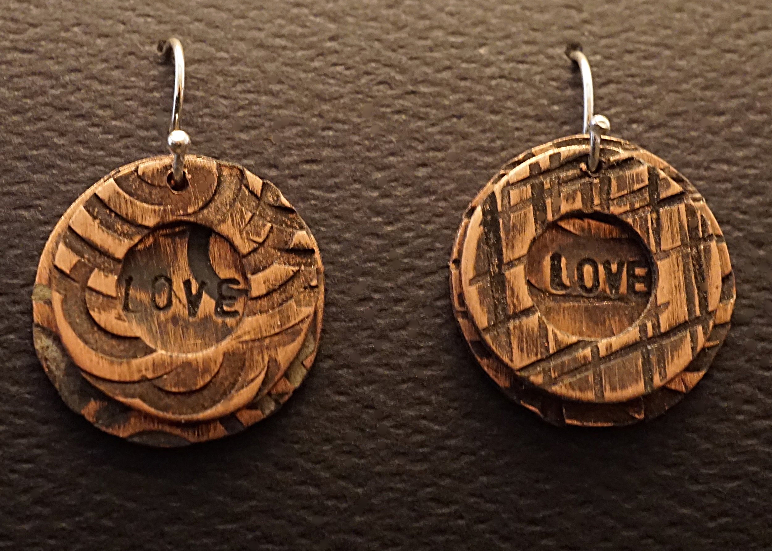 Hand stamped love copper earrings