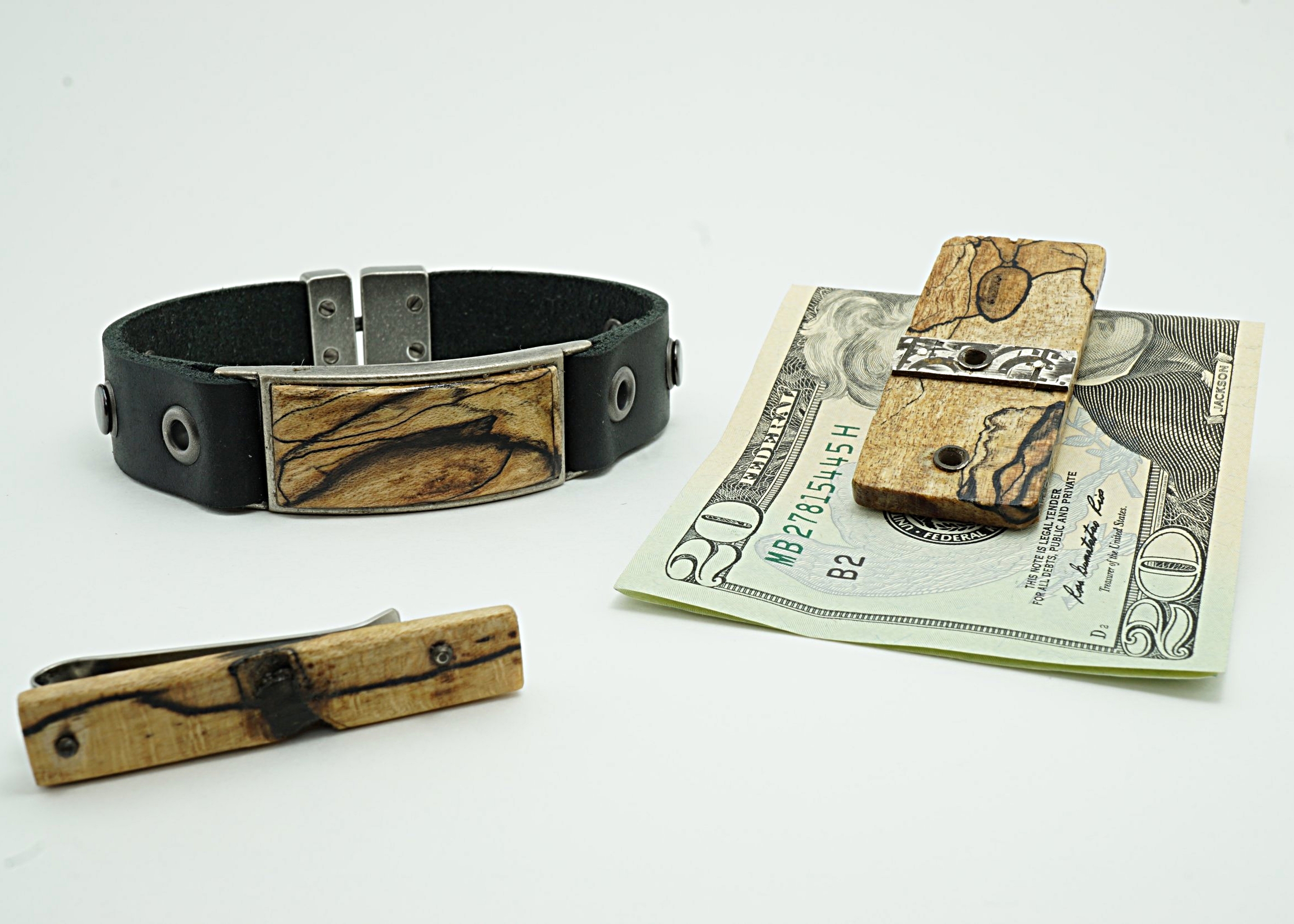 Exotic wood bracelet, tie clip, and money clip