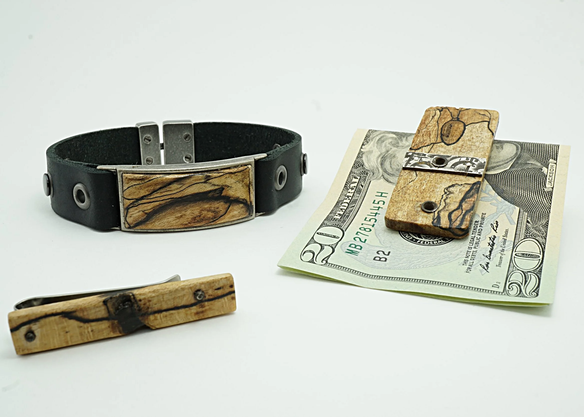 Exotic wood bracelet, tie clip, and money clip