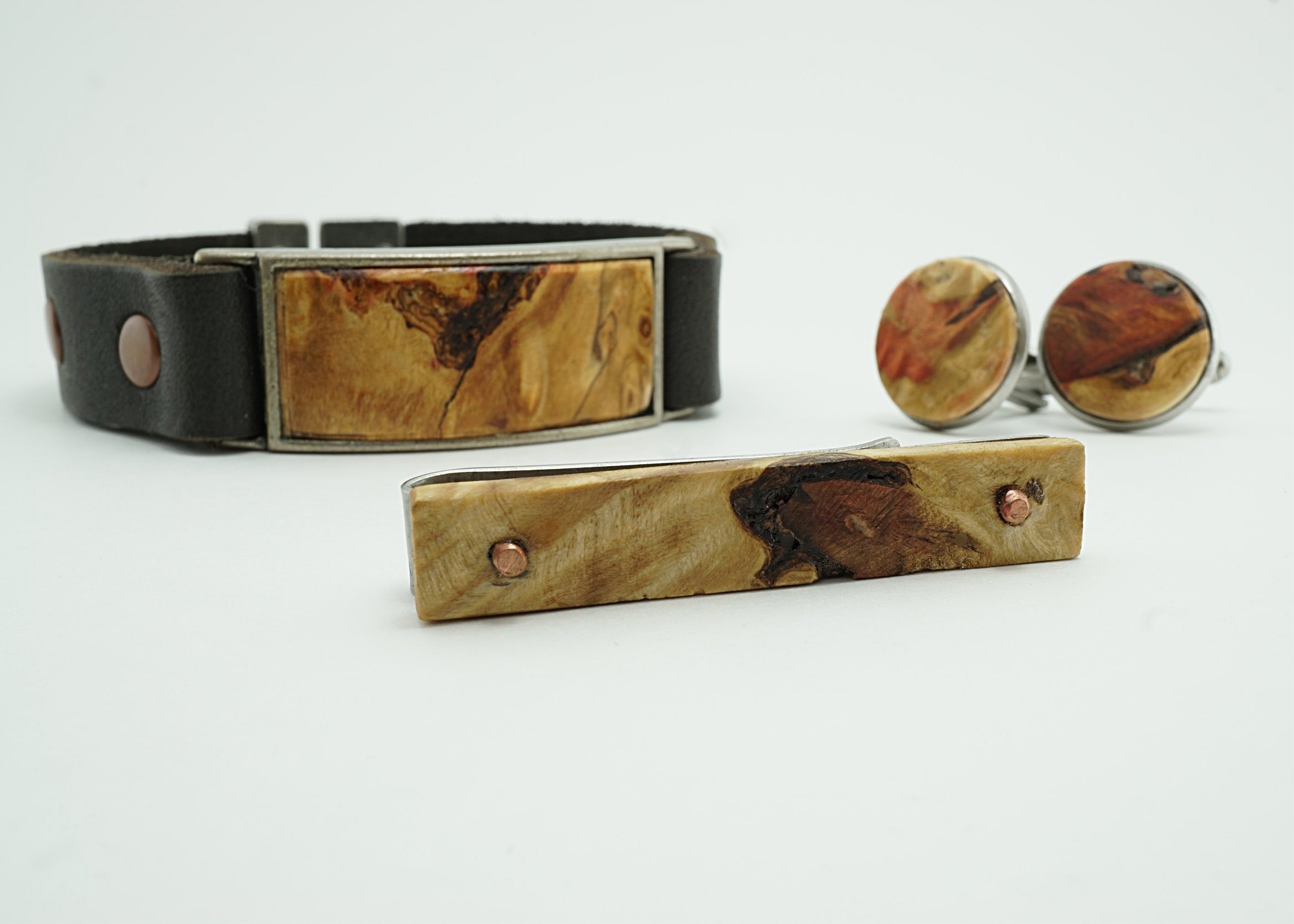 Box Elder burl bracelet, tie clip, and cuff links