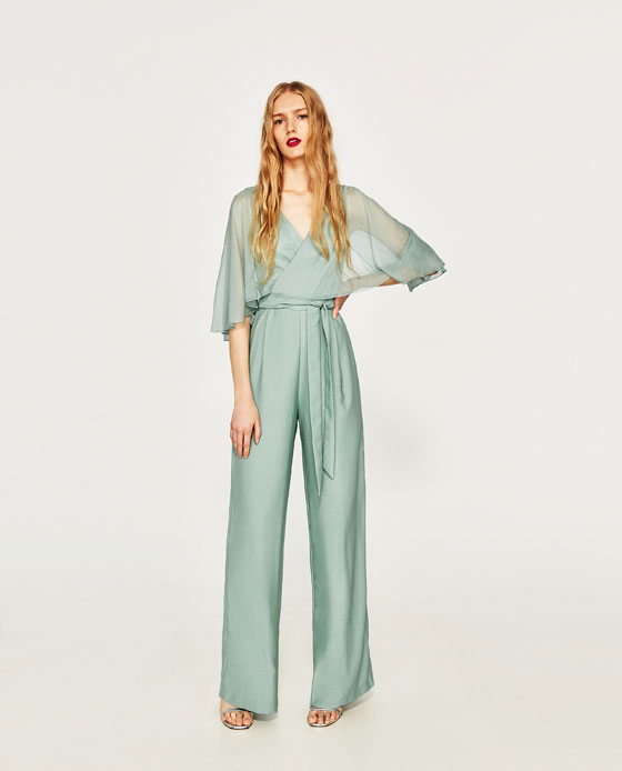 This Zara sea green jumpsuit is an absolute beauty and at £59.99 an absolutely beautiful price too. The sheer cape is incredibly flattering and perfect if you are feeling arm conscious. Style with a simple strappy sandal as they have done here. Or a raffia wedge and play up the 70s Bianca Jagger vibe.