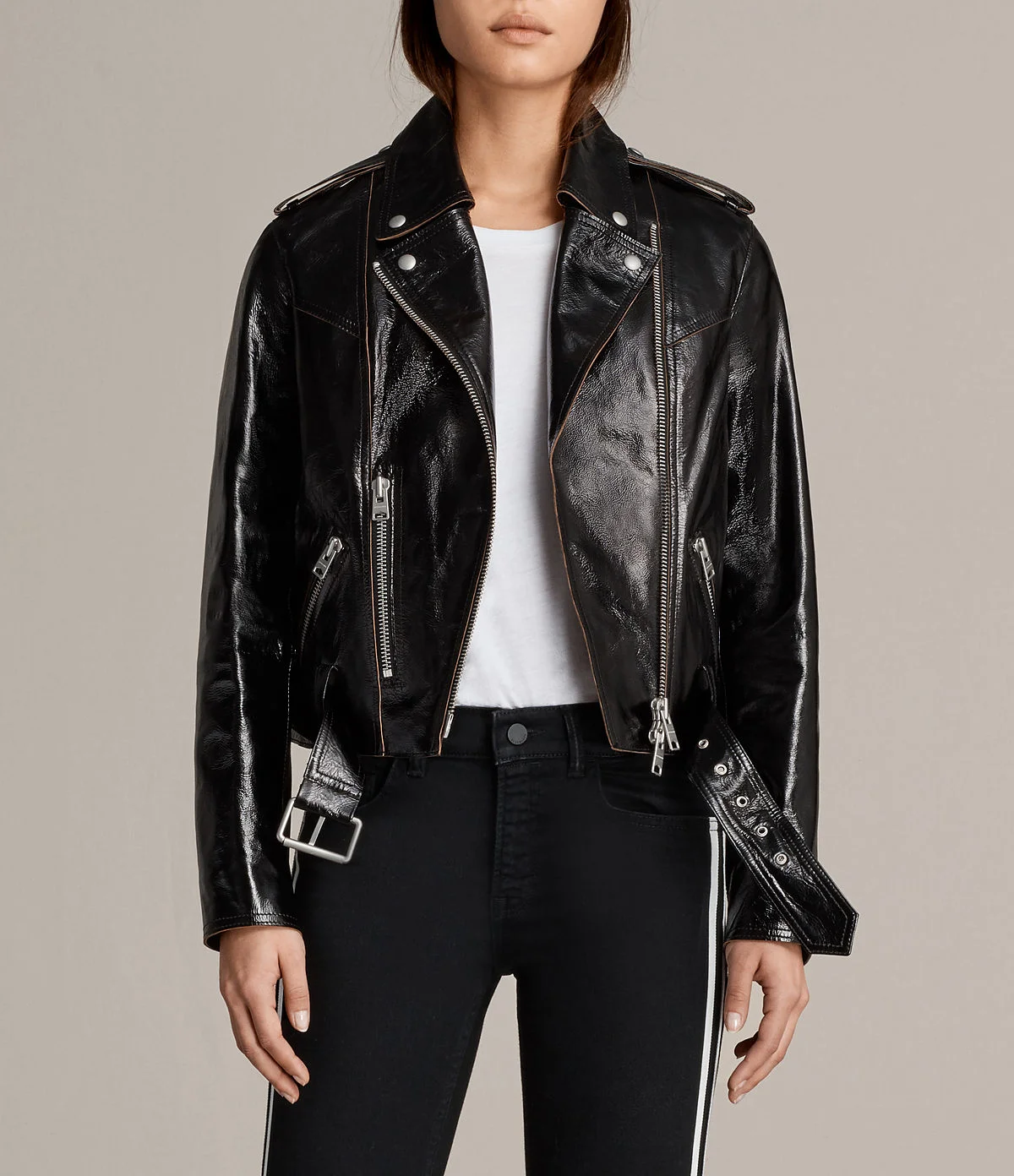All Saints £380. Patent Leather...oooh its a thing of beauty, and patent is very hot right now. This is a classic shape though and will carry through time. Its not too shiny and its raw edges keep it grounded, plus its beautiful quality. 