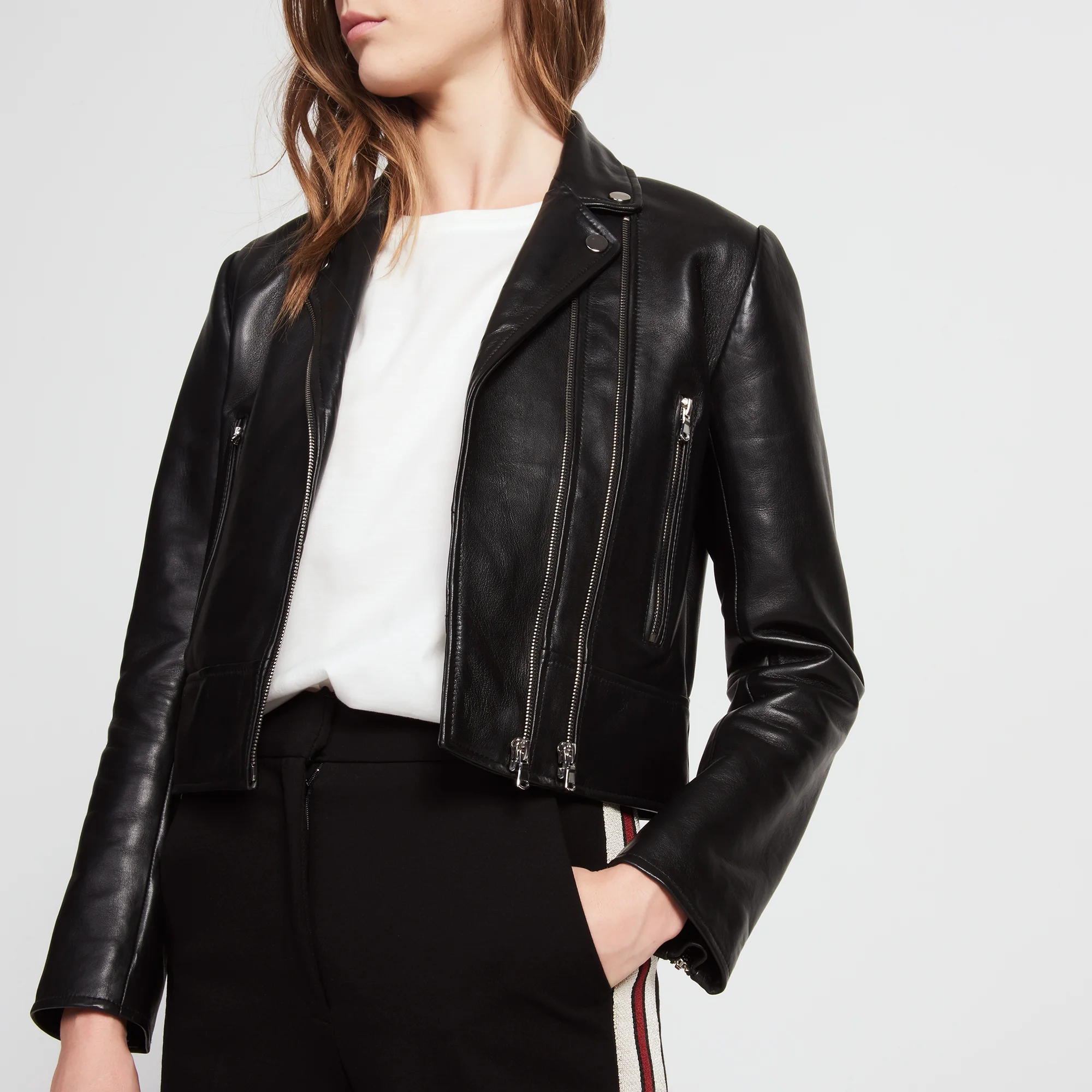 Sandro £420 Hefty priced one, but gorgeous quality. This style is more cropped, but its neat and elegant. The two zip fastening adding a nice, subtle embellishment detail. 