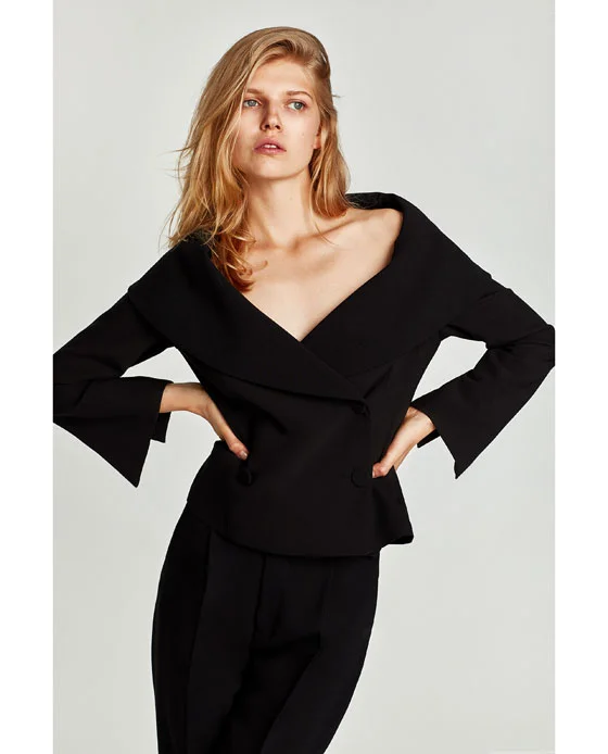 Zara dbl breasted shoulder V cropped jacket. Now I actually think this may suit some curvier women as its cropped and comes in at the waist and that big exposed sweep of decolletage is just the right side of plunging, to be flattering. Well worth trying this on. Jacket £69.99