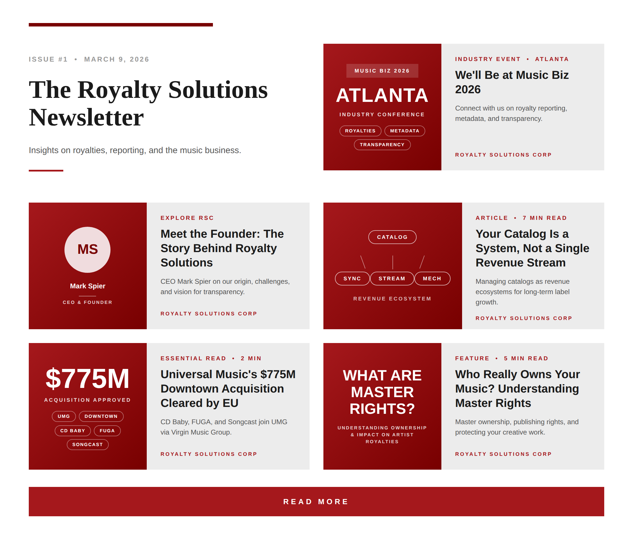 Royalty Solutions Newsletter Issue #1, March 2026: Music Biz 2026, founder Mark Spier interview, and catalog revenue strategy.