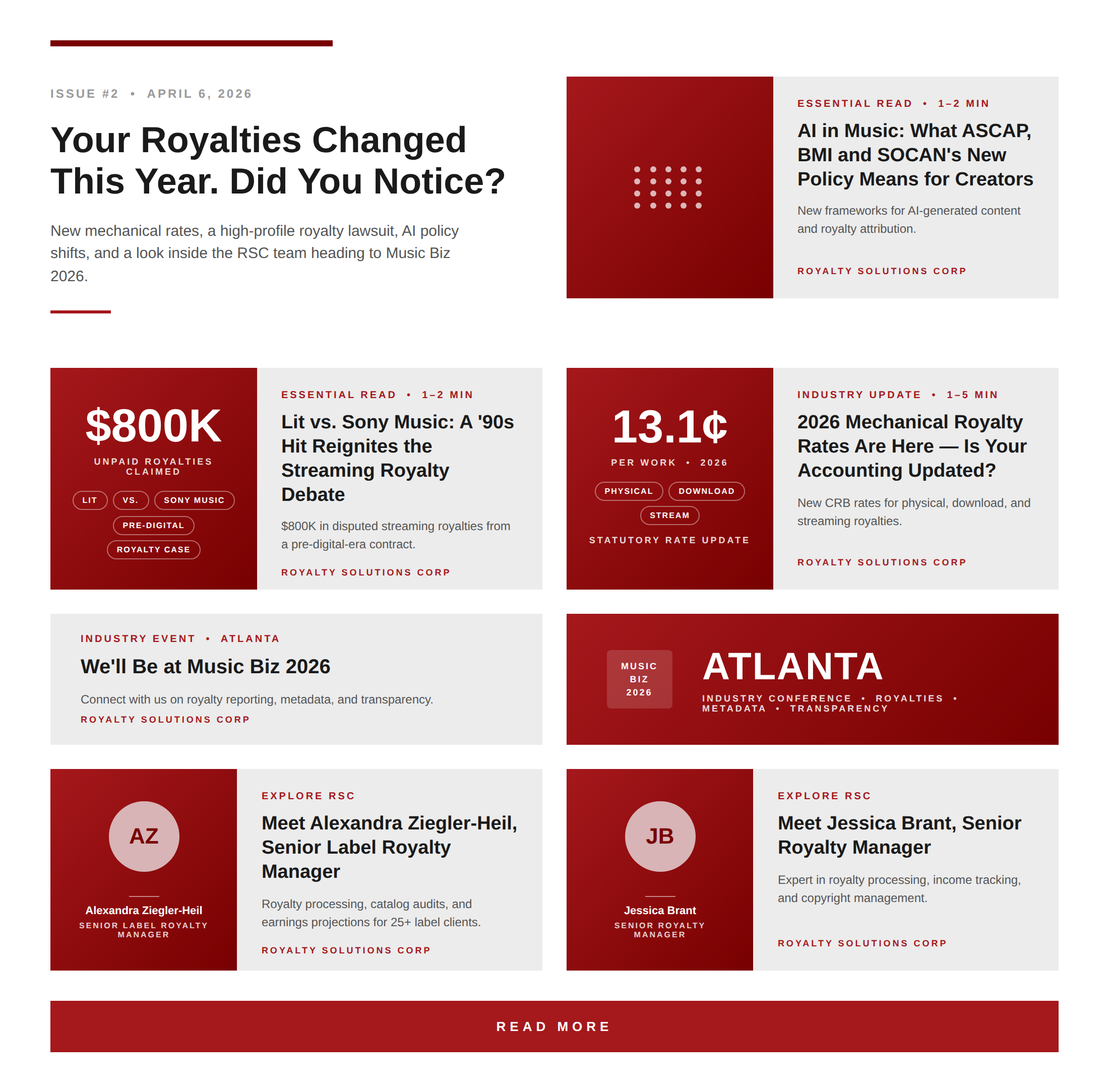 RSC Newsletter Issue #2, April 2026: 2026 mechanical royalty rates, AI music policy updates, and Music Biz 2026 in Atlanta.