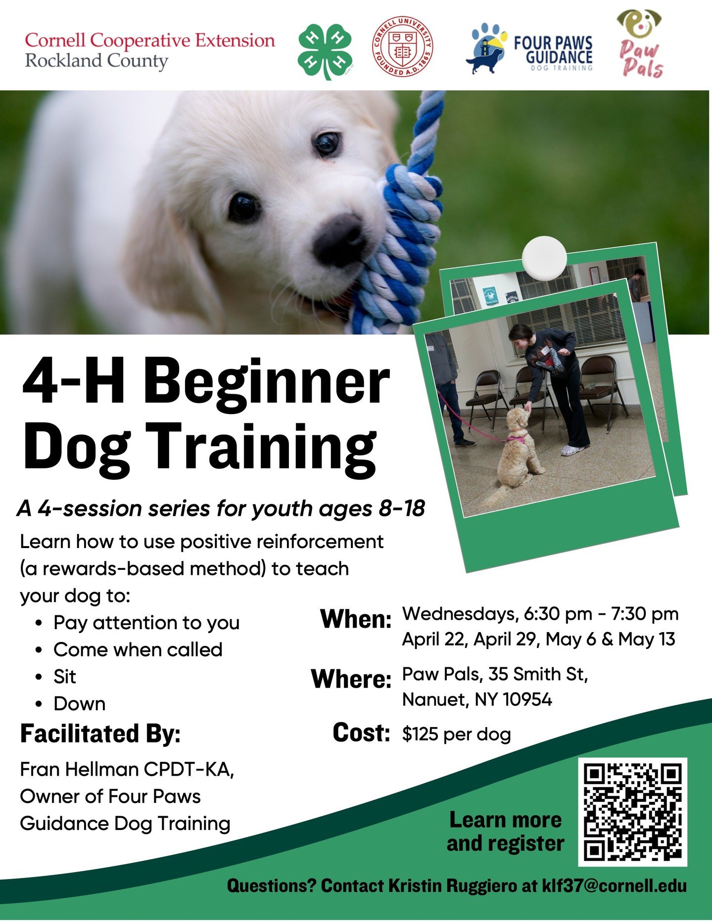 🐾 Got a young dog and a kid who wants to learn? Join Paw Pals for a 4-session beginner dog training series for ages 8&ndash;18! Learn positive reinforcement basics like sit, down, recall, and focus. Wednesdays from 6:30&ndash;7:30 PM: April 22, Apri