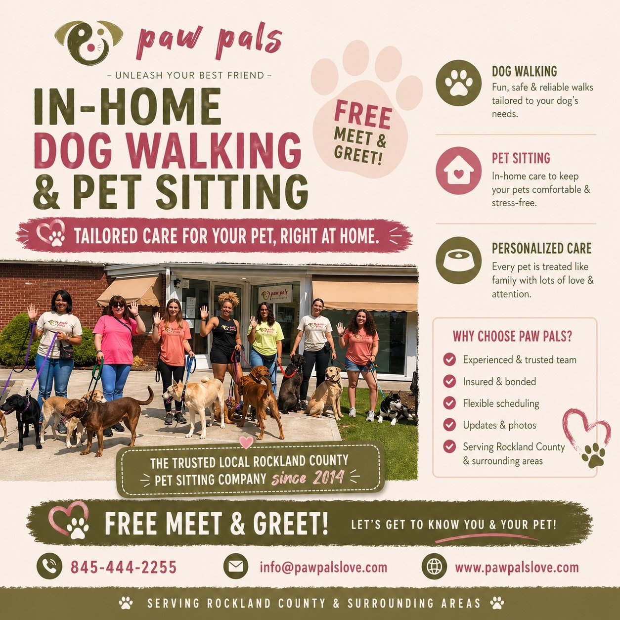 Trusted since 2014 🐾
In-home dog walking &amp; pet sitting you can rely on.
Serving Rockland County &amp; surrounding areas.
✨ Free meet &amp; greet
📞 845-444-2255 | pawpalslove.com