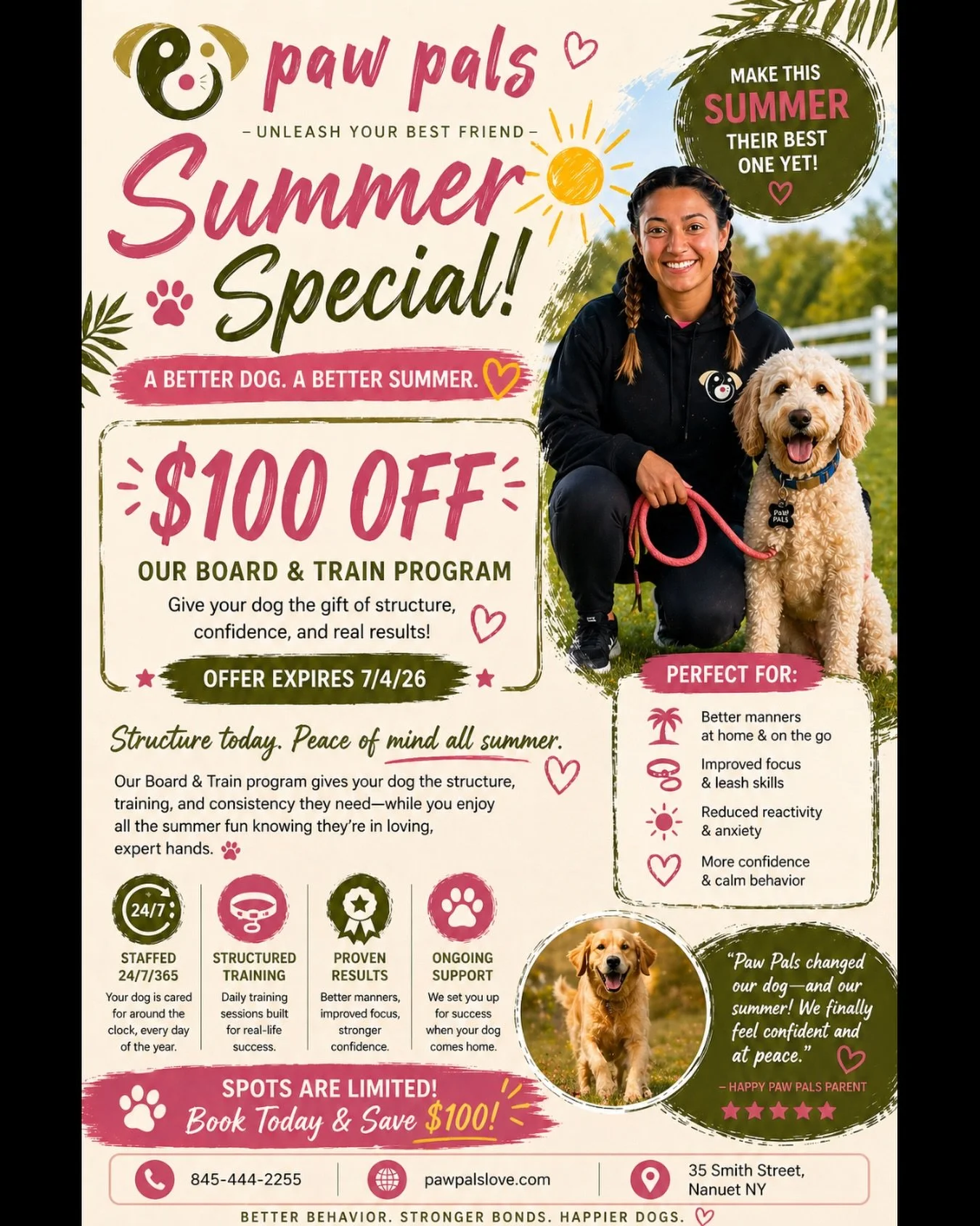 A better dog. A better summer. 🐾☀️

Our Board &amp; Train program gives your dog the structure, confidence, and real-world skills they need&mdash;while you enjoy a stress-free summer.

🎉 $100 OFF for a limited time
Spots are limited and filling fas