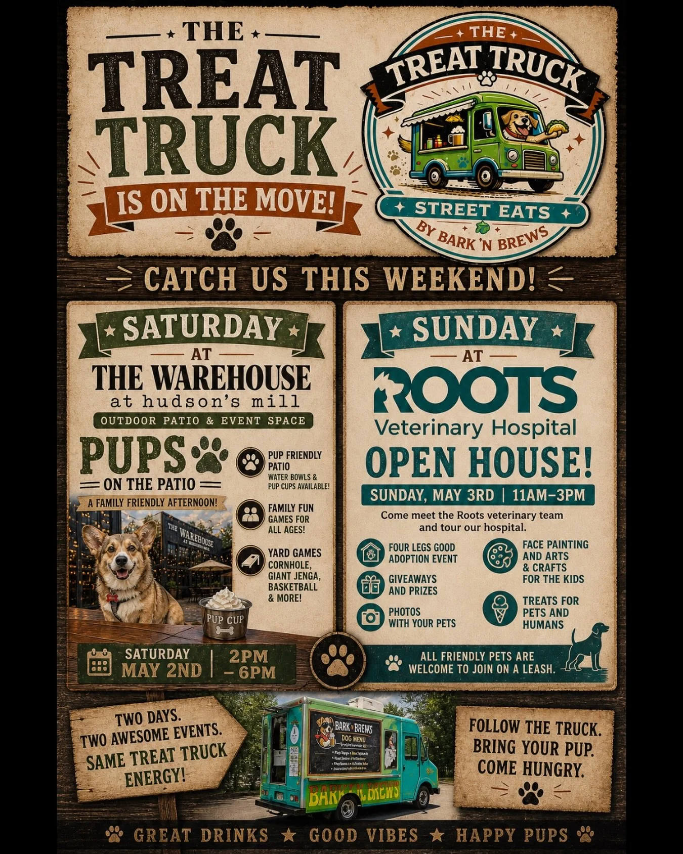 The Treat Truck is rolling in 🚚🐾

Catch us this weekend for two tail-wagging stops:
📍 Saturday: Pups on the Patio at Hudson&rsquo;s Mill (2&ndash;6PM)
📍 Sunday: Roots Veterinary Open House (11AM&ndash;3PM)

Treats for pups (human food coming soon
