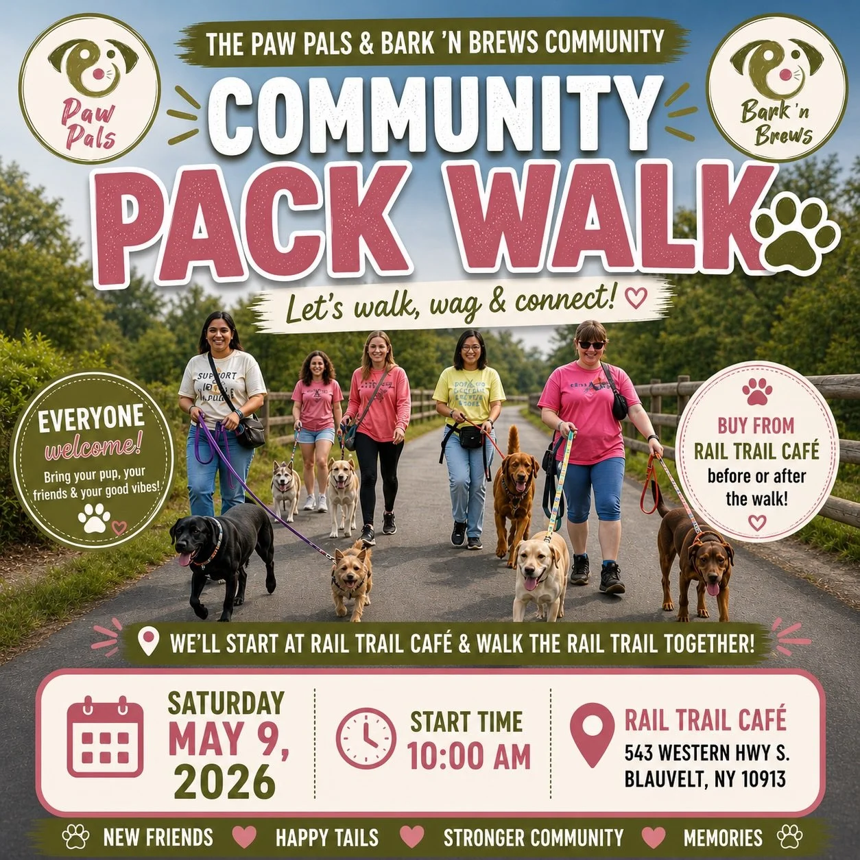 🐾 Join us this Saturday for our Community Pack Walk!
We&rsquo;re starting at Rail Trail Caf&eacute; and heading out together for a relaxed walk on the rail trail&mdash;good vibes, great people, and lots of happy pups 🐶

All dogs welcome (on leash).