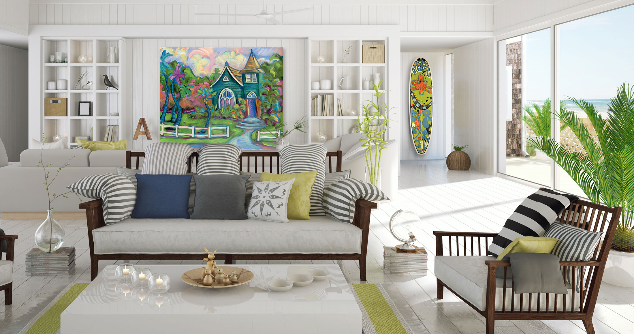  Maui inspired painting by artist Kim McDonald on a living room wall 