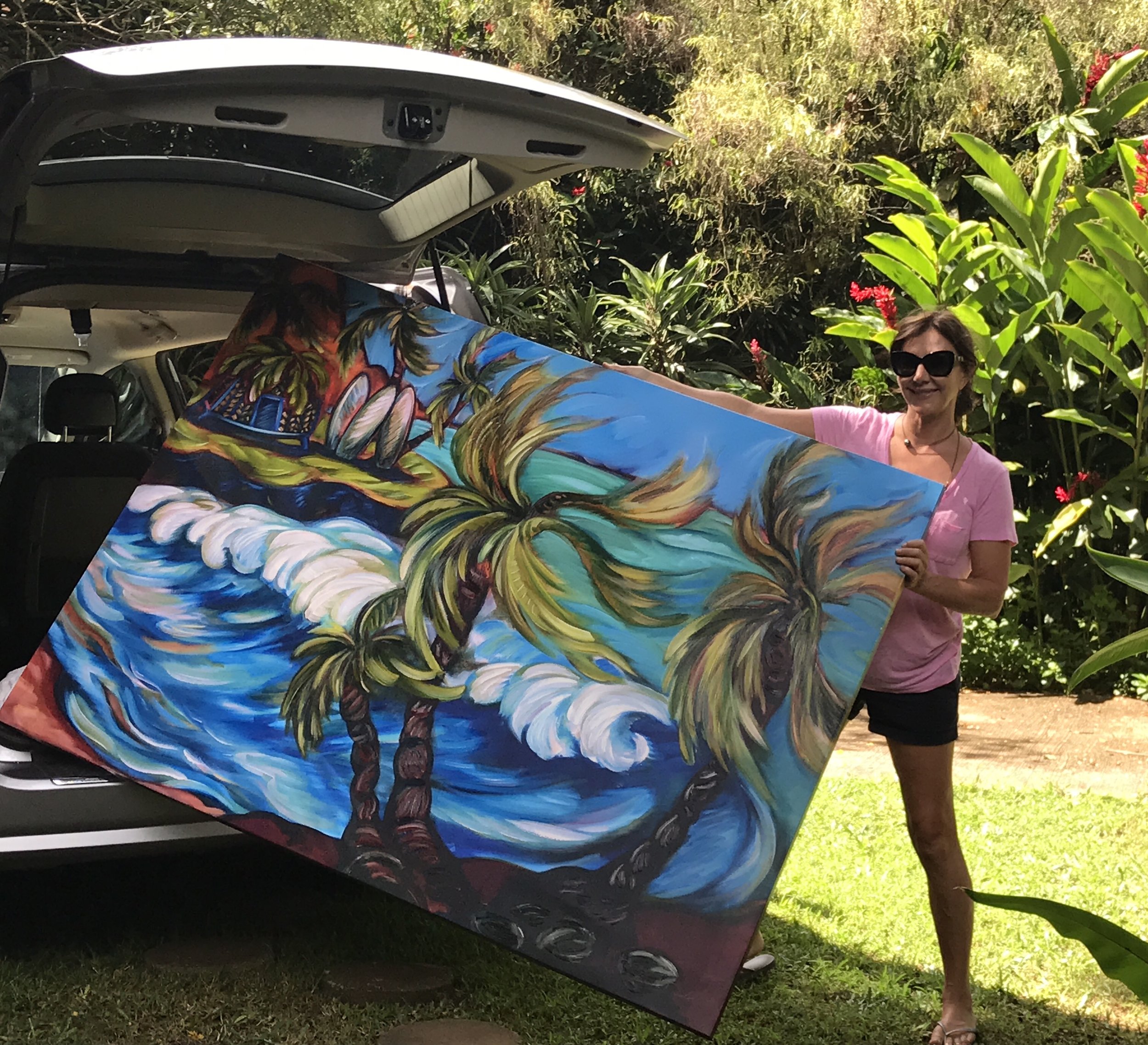 Artist Kim McDonald with a Supersize "Wind & Waves." Special delivery to a client in Maui, Hawai'i