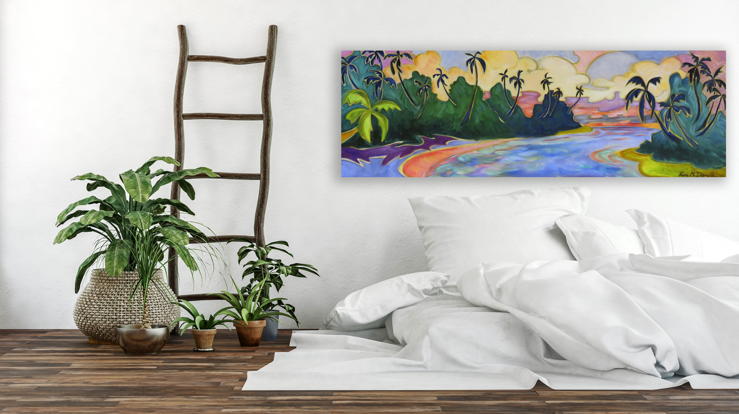  Maui inspired painting by artist Kim McDonald on a bedroom wall 