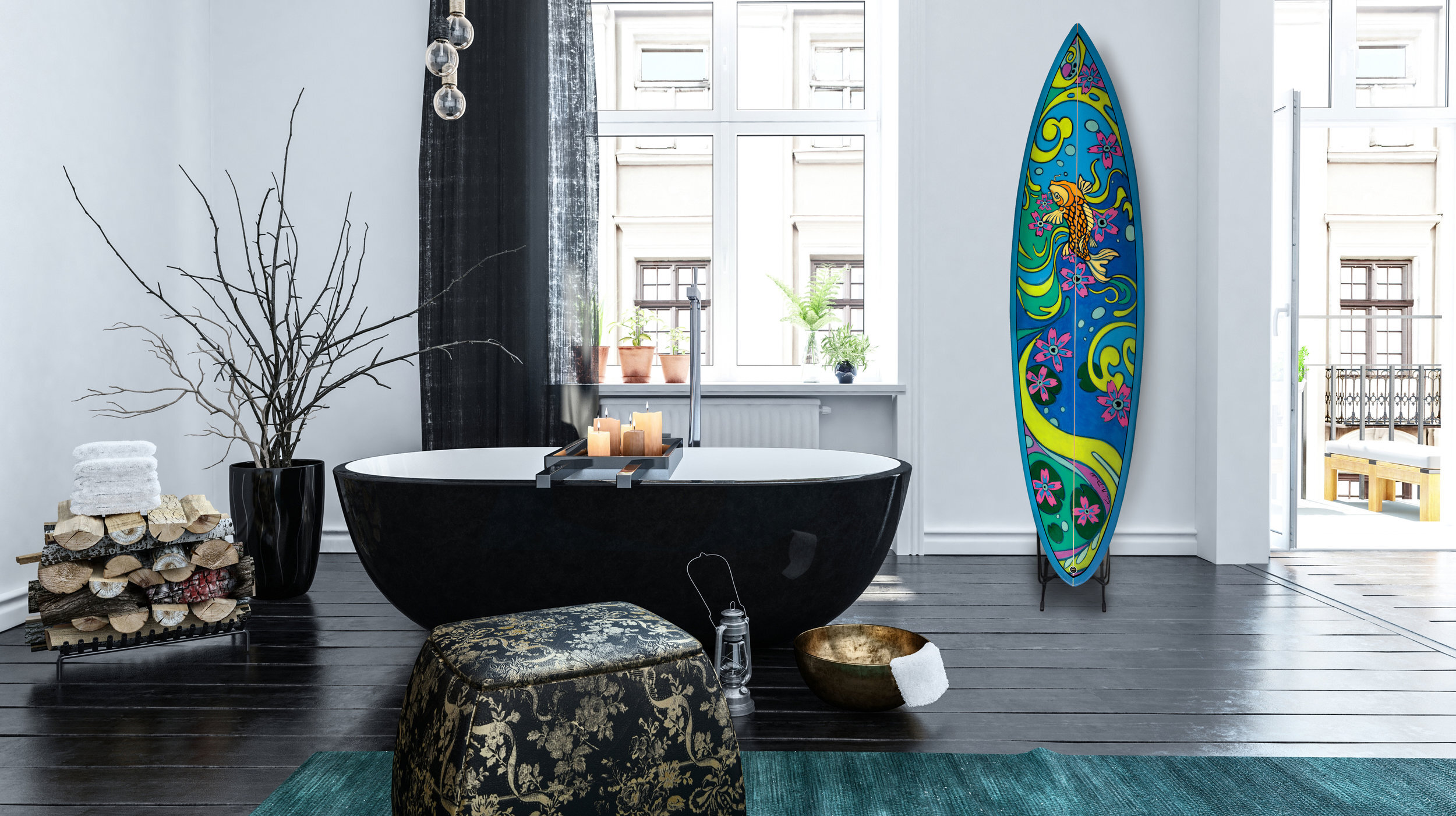  Kim McDonald custom surfboard painting hanging in Maui bathroom 