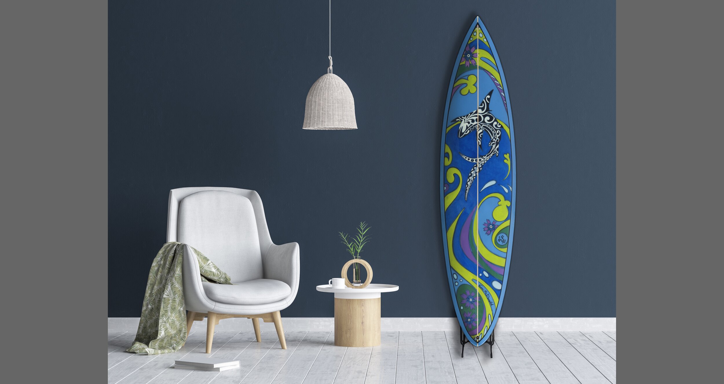  Kim McDonald surfboard art in a living room 