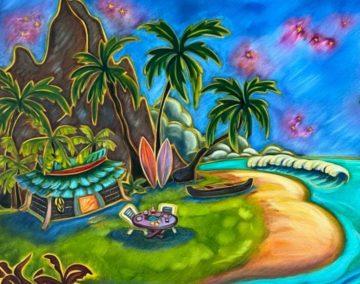 I love including a simple Hawaiian hut as an emblem of old Hawaii🌺 For me, the huts create an atmosphere of a time that has passed, or perhaps the viewer has stumbled onto a beach cove with a Hawaiian hale that has been untouched by Modern society ✨