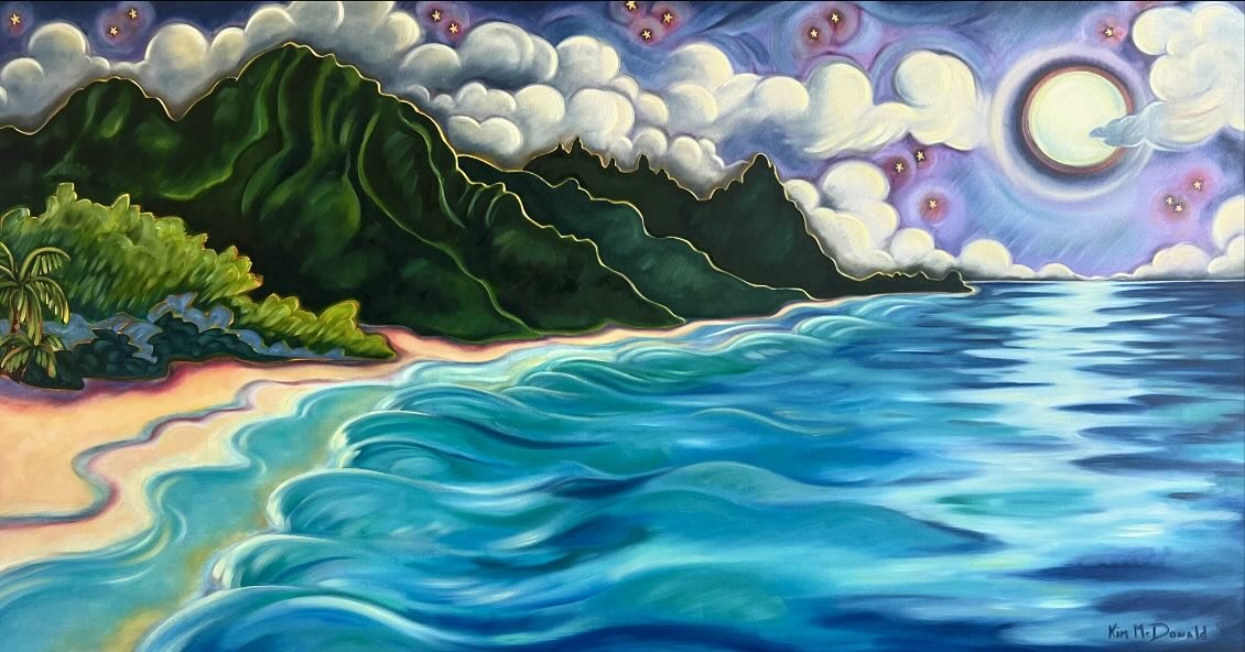 From start to finish, here is one of my latest originals, &ldquo;Moonrise Over Bali Hai - Kauai&rdquo; 🌺✨ 

This piece is now available as a Limited Edition Print! Visit www.kimmcdonald.com for details or to order online. Custom sizing is available 