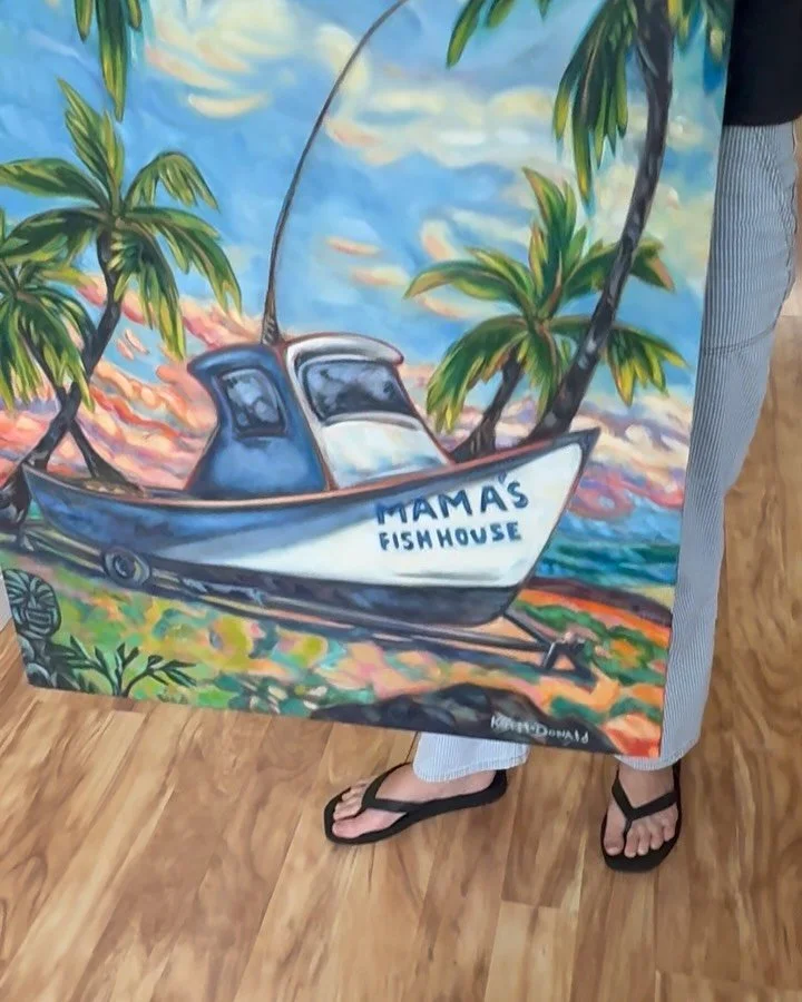 Two new originals oil paintings just joined the gallery wall! &ldquo;Mama&rsquo;s Voyage&rdquo; and &ldquo;Anchored in Aloha&rdquo;, both of the iconic Mama&rsquo;s Fish House sign! 

I might have to keep one for my new home, but haven&rsquo;t decide