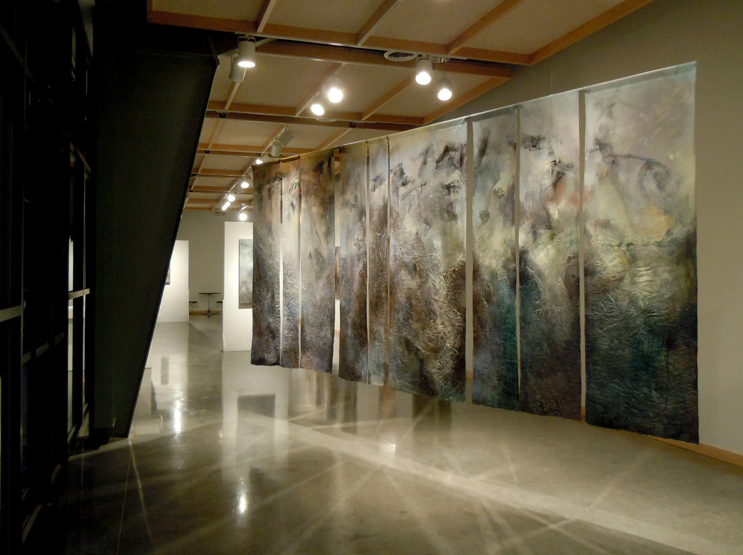 Progression (Convalescence) , acrylic, glass, and paper on muslin, 84 x 180 inches, 2014.