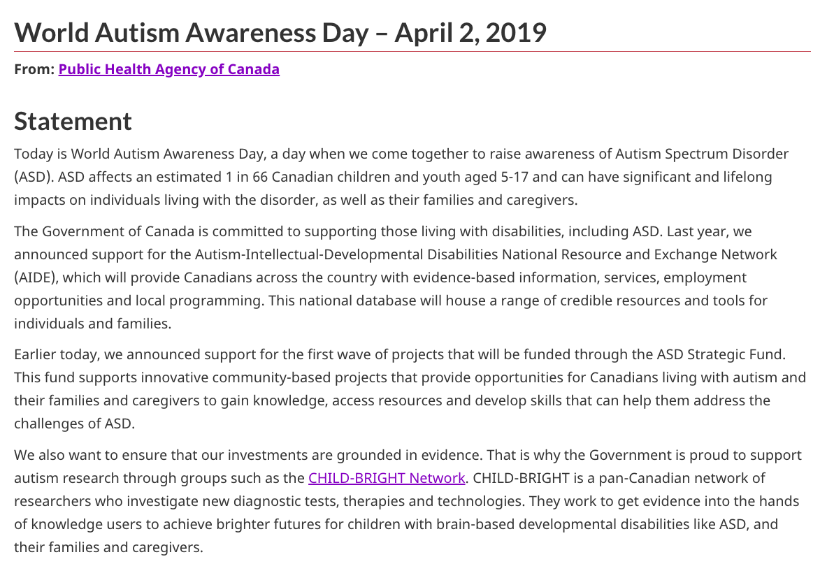 Statement - World Autism Awareness Day Public Health Agency of Canada April 2, 2019