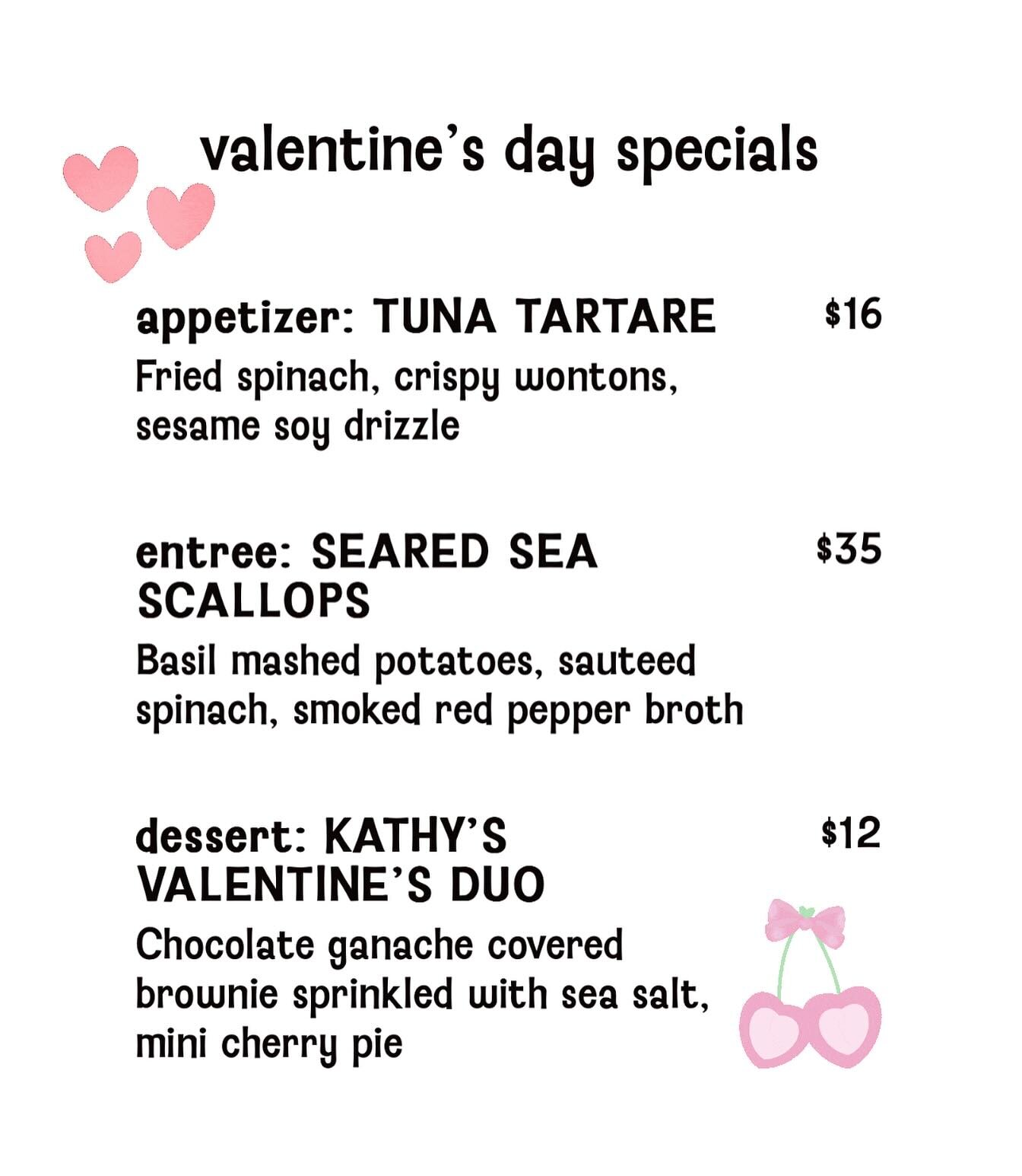 ✨ Few specials for tonight. ✨ Whether you&rsquo;re coming in because it&rsquo;s Wednesday &amp; you&rsquo;re hungry or you&rsquo;re coming in for a Valentine&rsquo;s Day date night, we&rsquo;re open 5-9! 💖 

Call ahead starting at 4:30 for our waitl